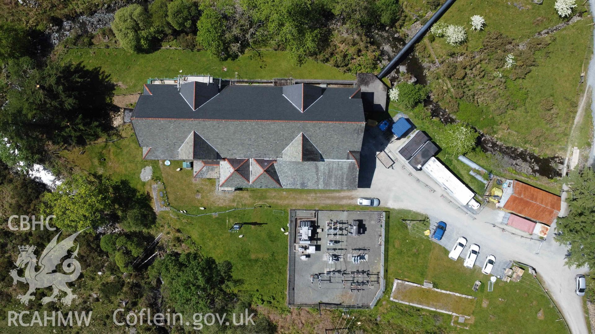 Digital photograph showing aerial view of Cwm Dyli Hydro-Electric Power Station. Taken in May 2023 by John Rowlands.