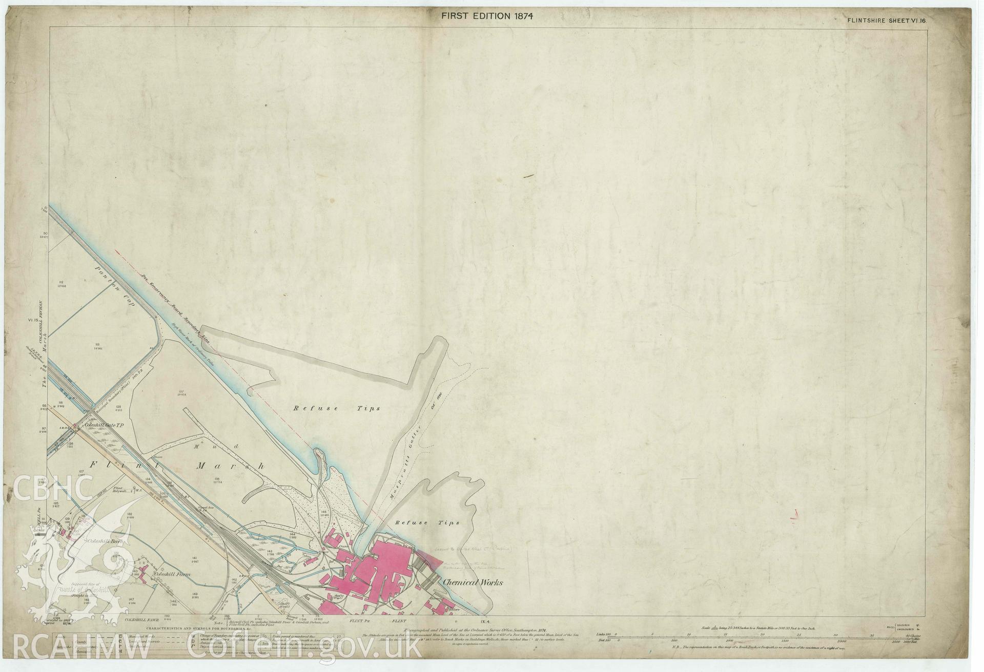 1st Edition Ordnance Survey Map (Colourised) showing the area of the Chemical Works, Flint. published in 1874. OS Sheet VI.16.