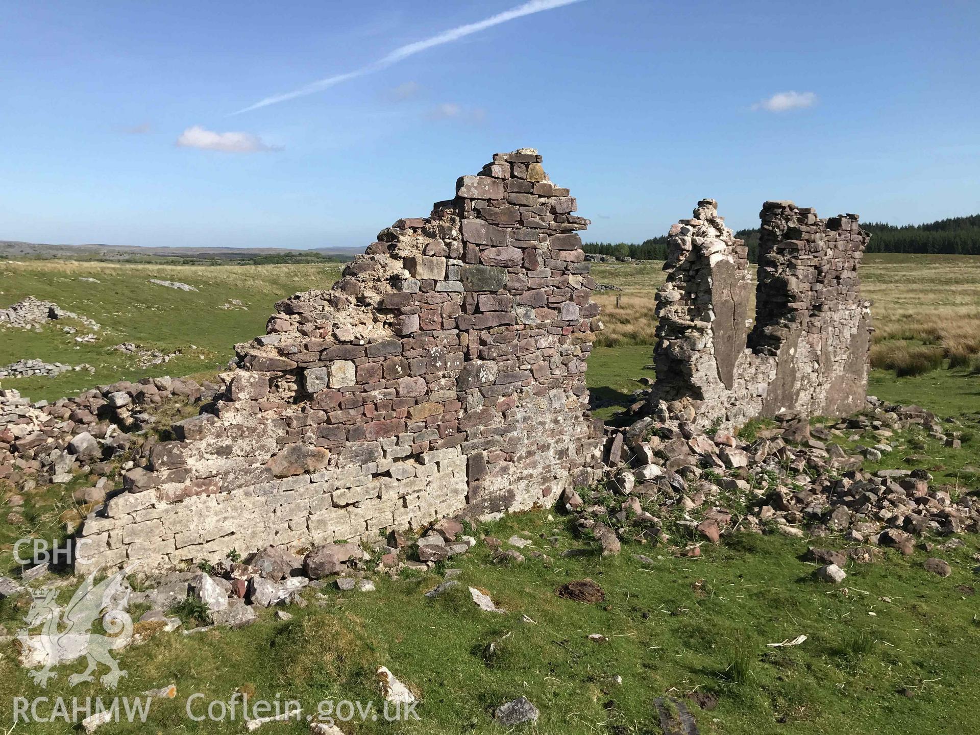 Digital photograph showing detailed view of standing wall at the Warrener's house, Pant Mawr Farm, Ystradfellte. Produced by Paul Davis in 2020