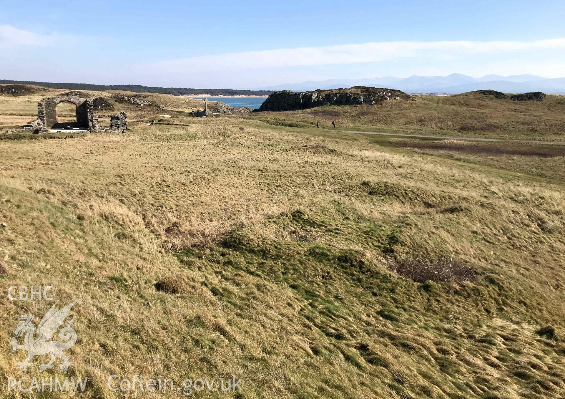 Digital photograph of ruined house south of Llanddwyn Church, produced by Paul Davis in 2020