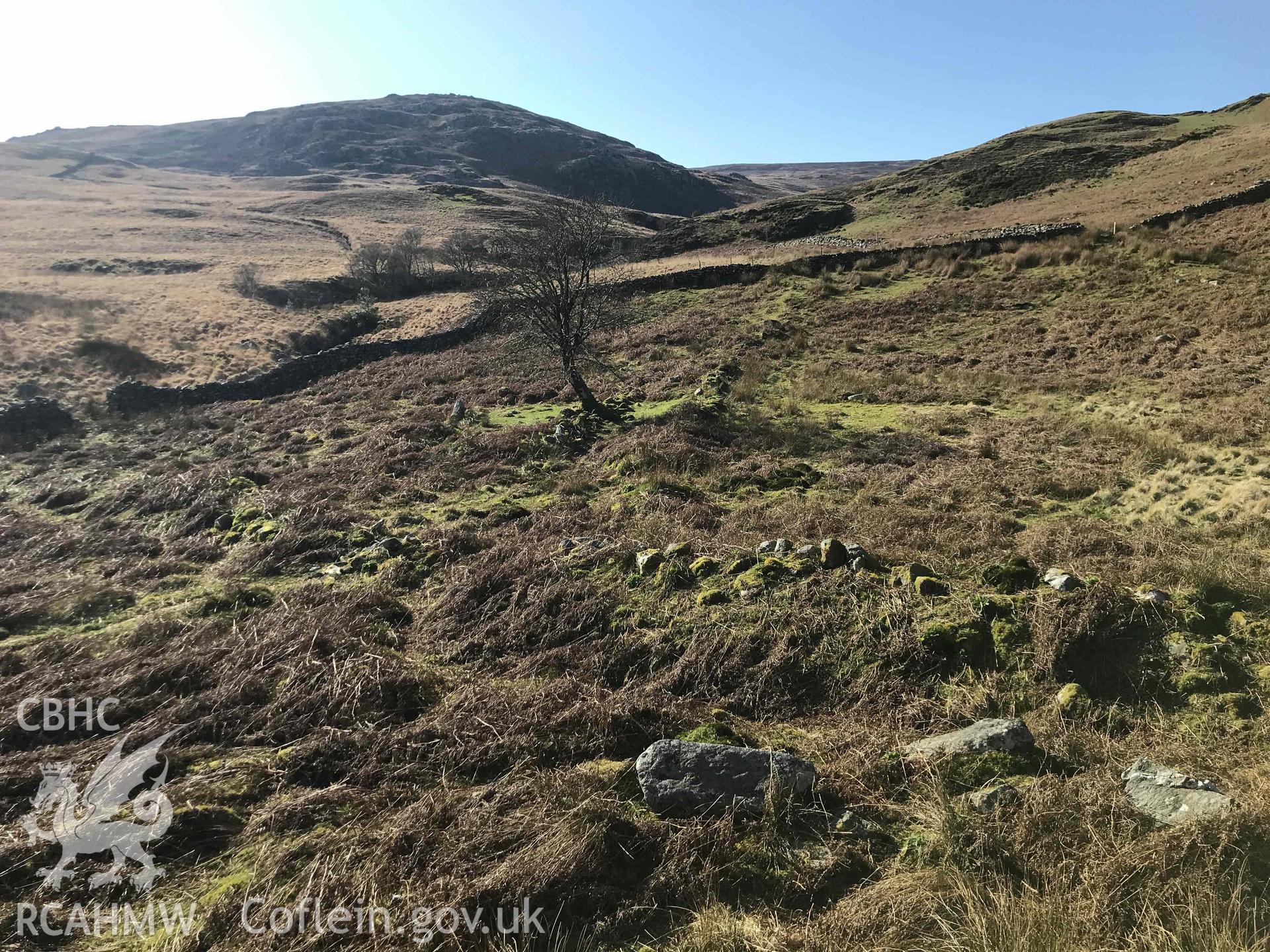 Digital photograph showing general view of Cwm Ciprwth longhuts, produced by Paul Davis in 2020