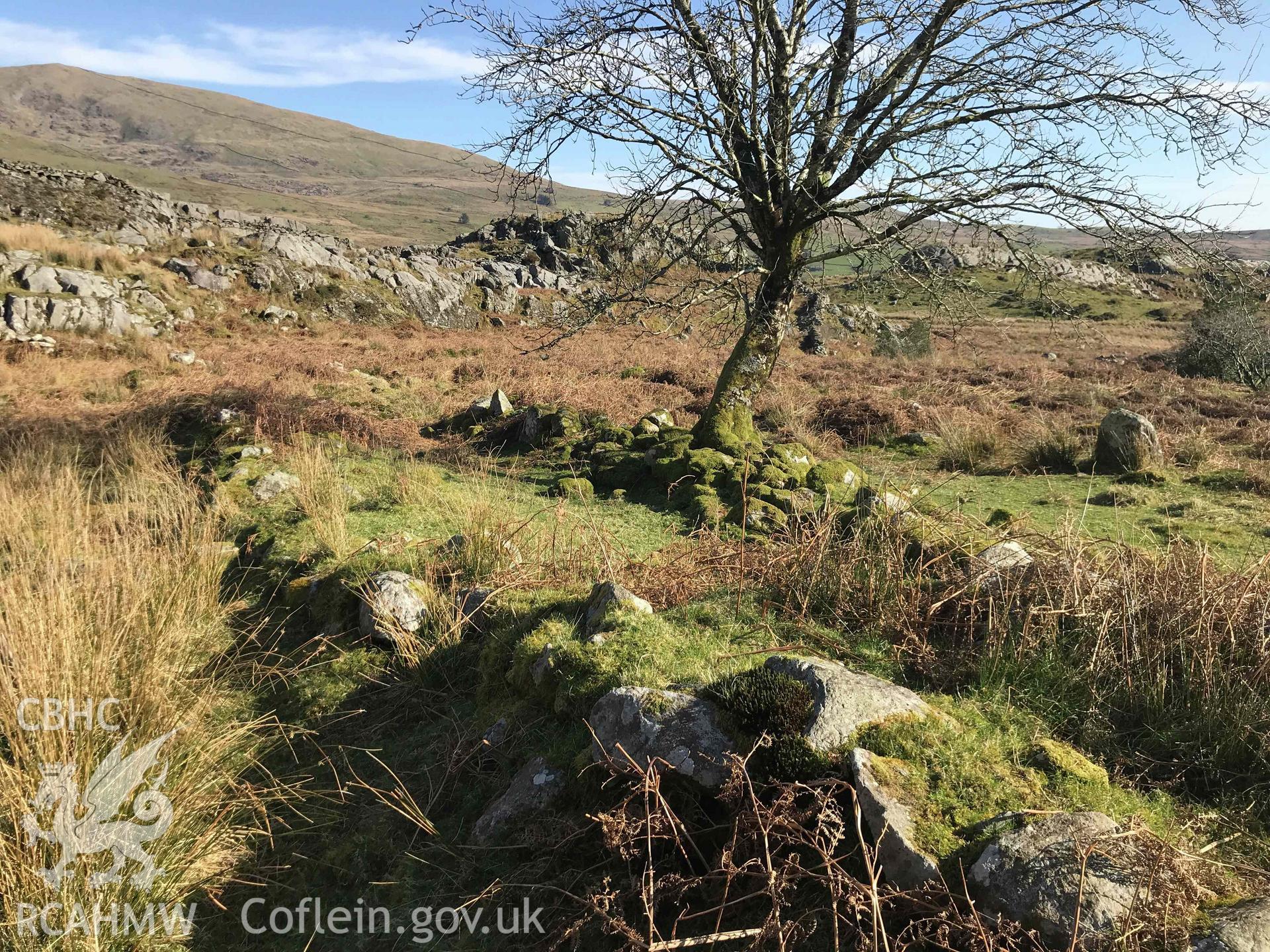 Digital photograph showing detailed view of Cwm Ciprwth longhuts, produced by Paul Davis in 2020