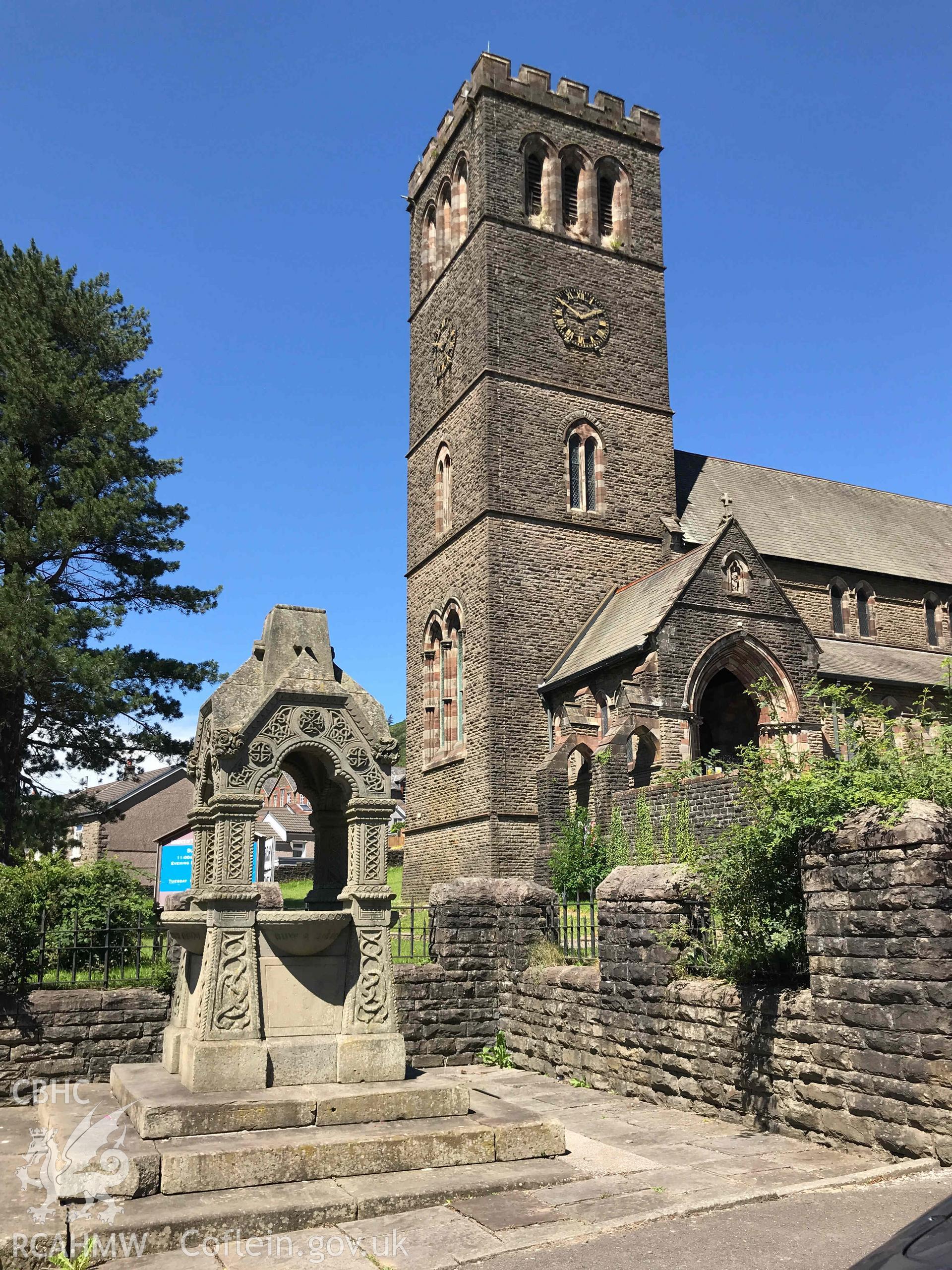 Digital photograph showing bell tower of St Peter's church, Pentre, produced by Paul Davis in 2020