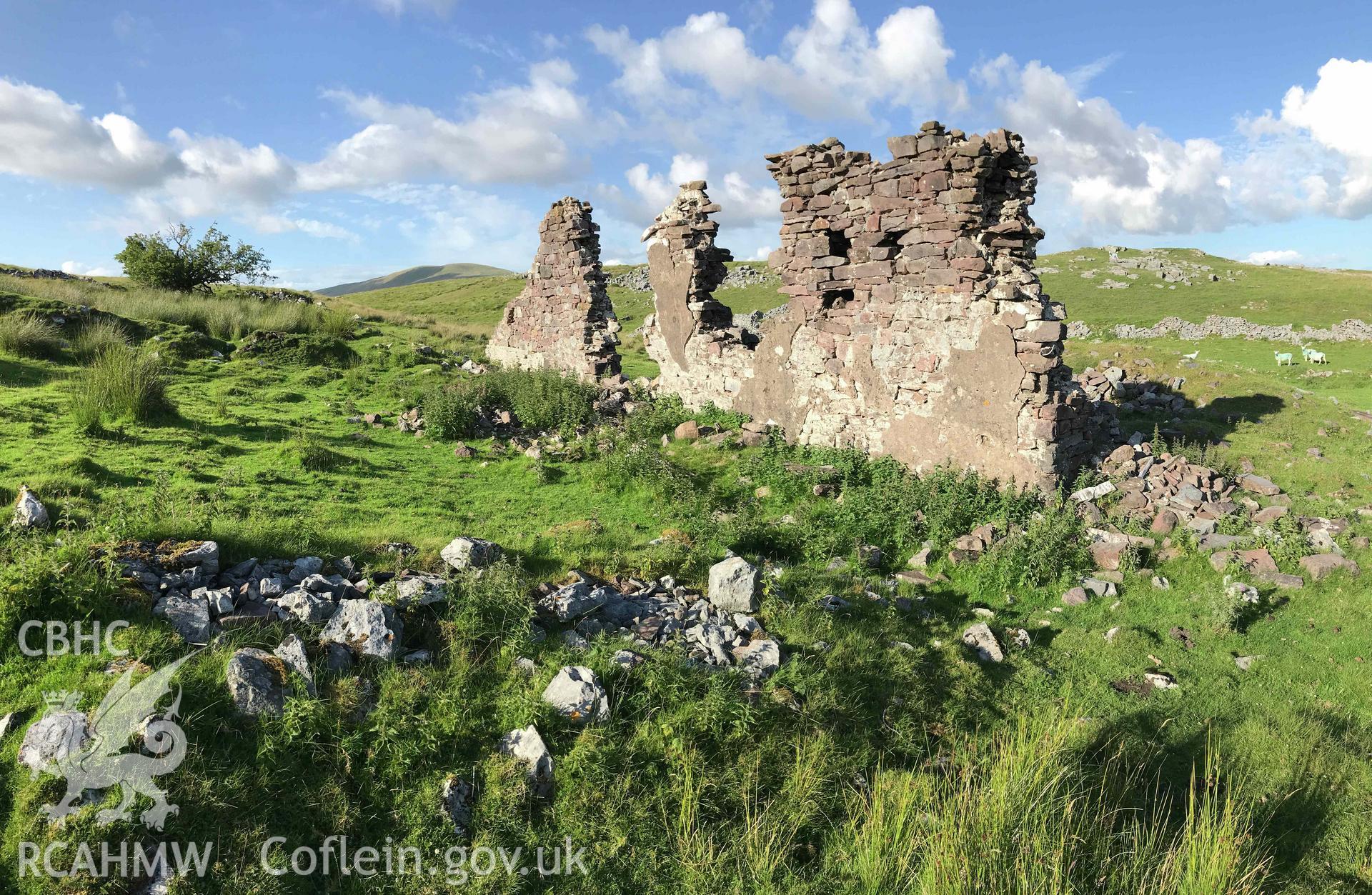 Digital photograph showing detailed view of standing wall at the Warrener's house, Pant Mawr Farm, Ystradfellte. Produced by Paul Davis in 2020