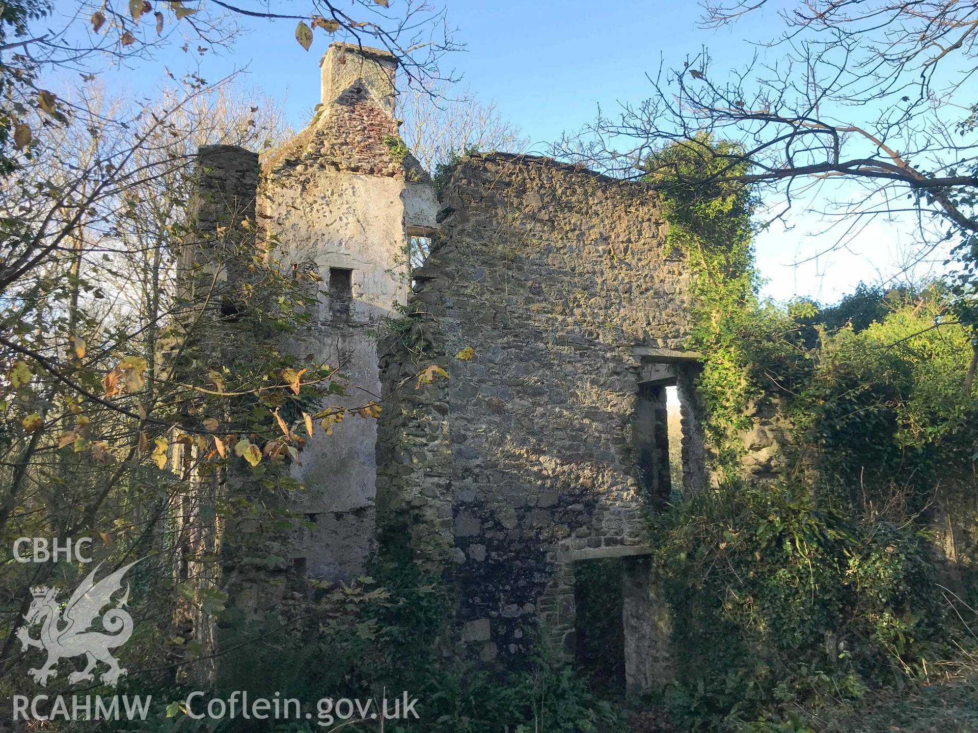 Digital photograph showing general view of St Brides tower. Produced by Paul Davis in 2020