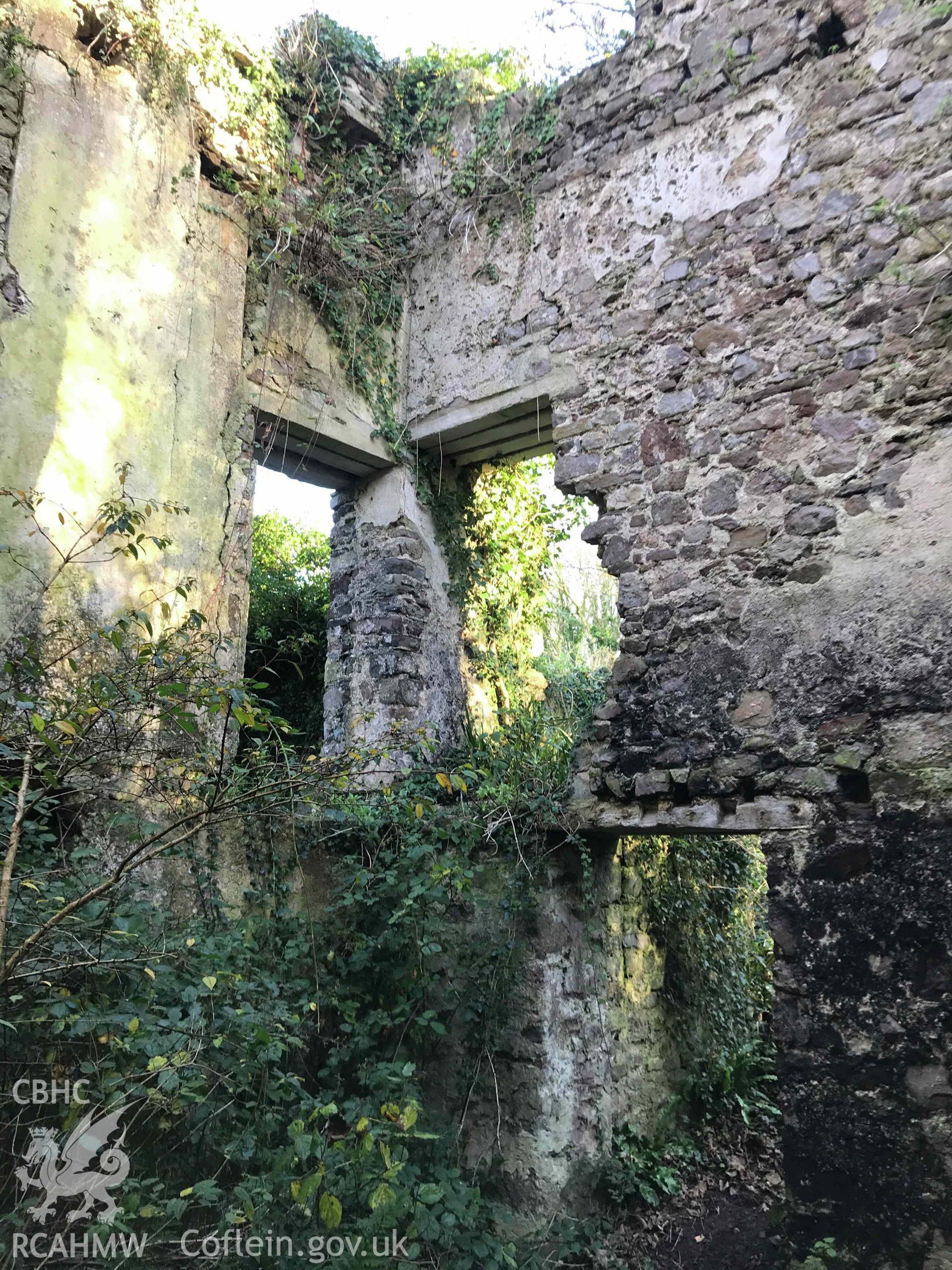 Digital photograph showing detailed view of window spaces at St Brides tower. Produced by Paul Davis in 2020