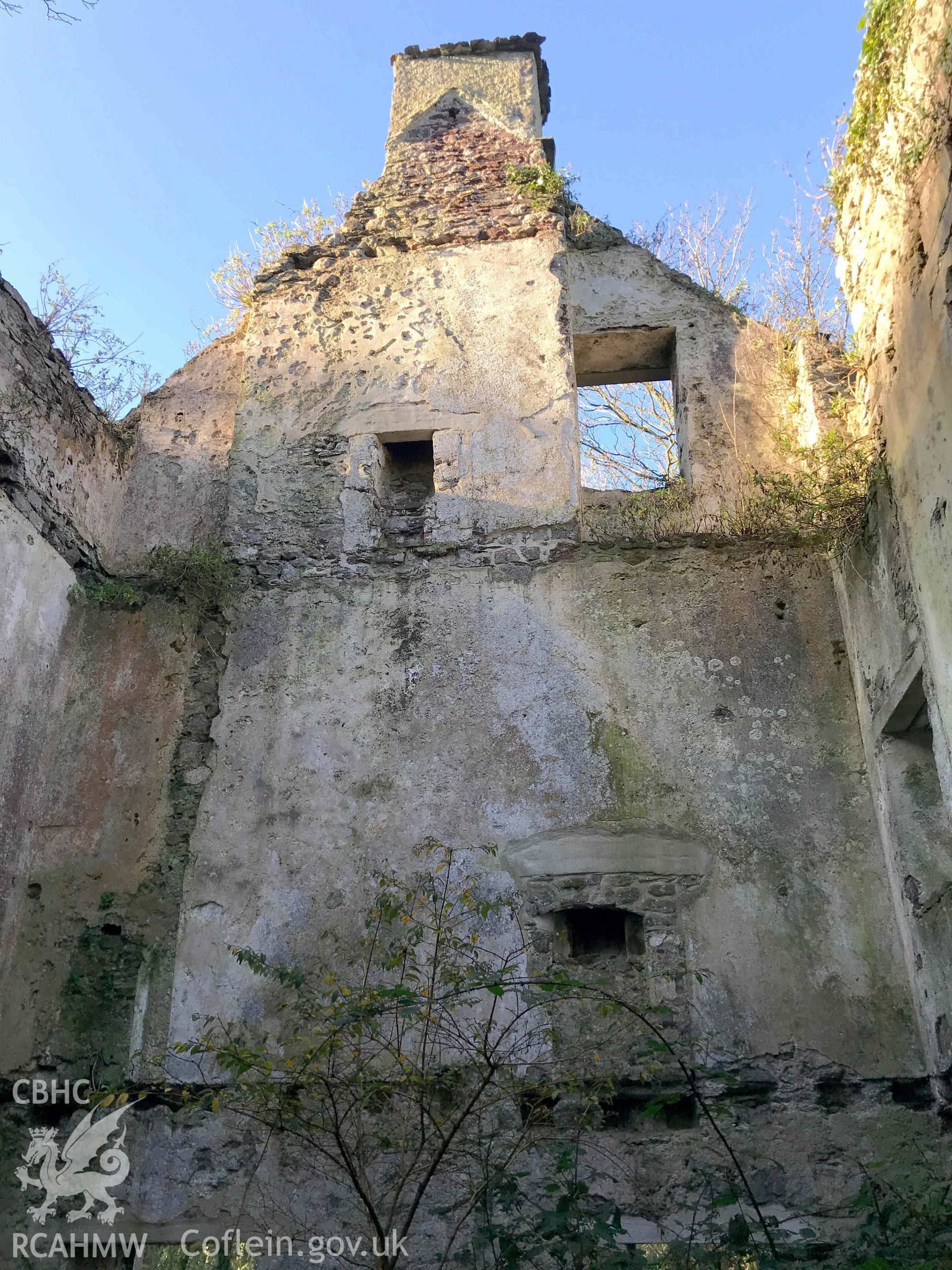 Digital photograph showing interior view of walls at St Brides tower. Produced by Paul Davis in 2020