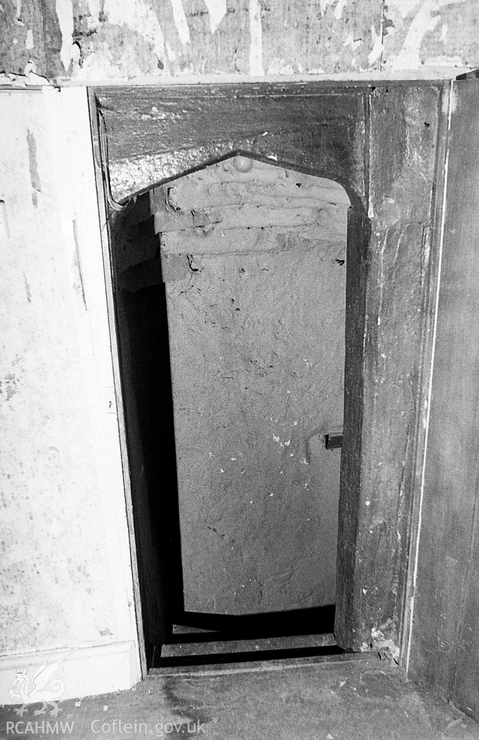 Digitised black and white photograph showing stair door at Tyntyle. Produced by Paul Davis in 1984