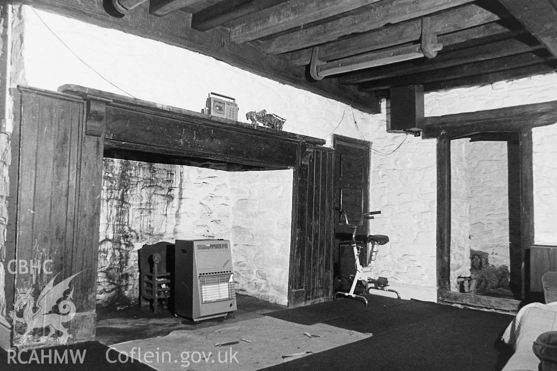 Digitised black and white photograph showing interior of living room at Tynewydd, Treherbert, produced by Paul Davis in 1989