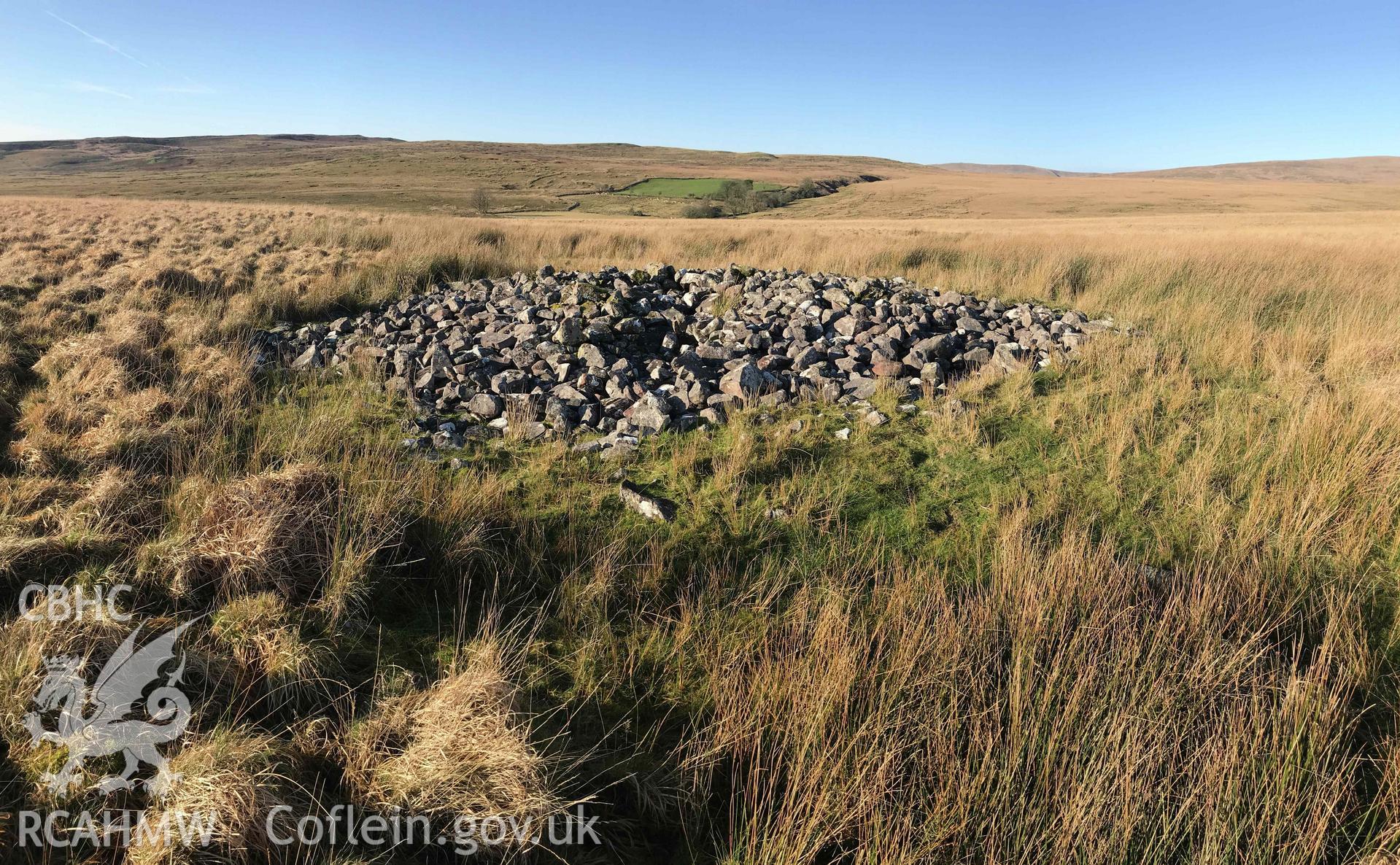 Digital photograph of Cairn 'E' round barrow at Cefn Esgair-Carnau. Produced by Paul Davis in 2020