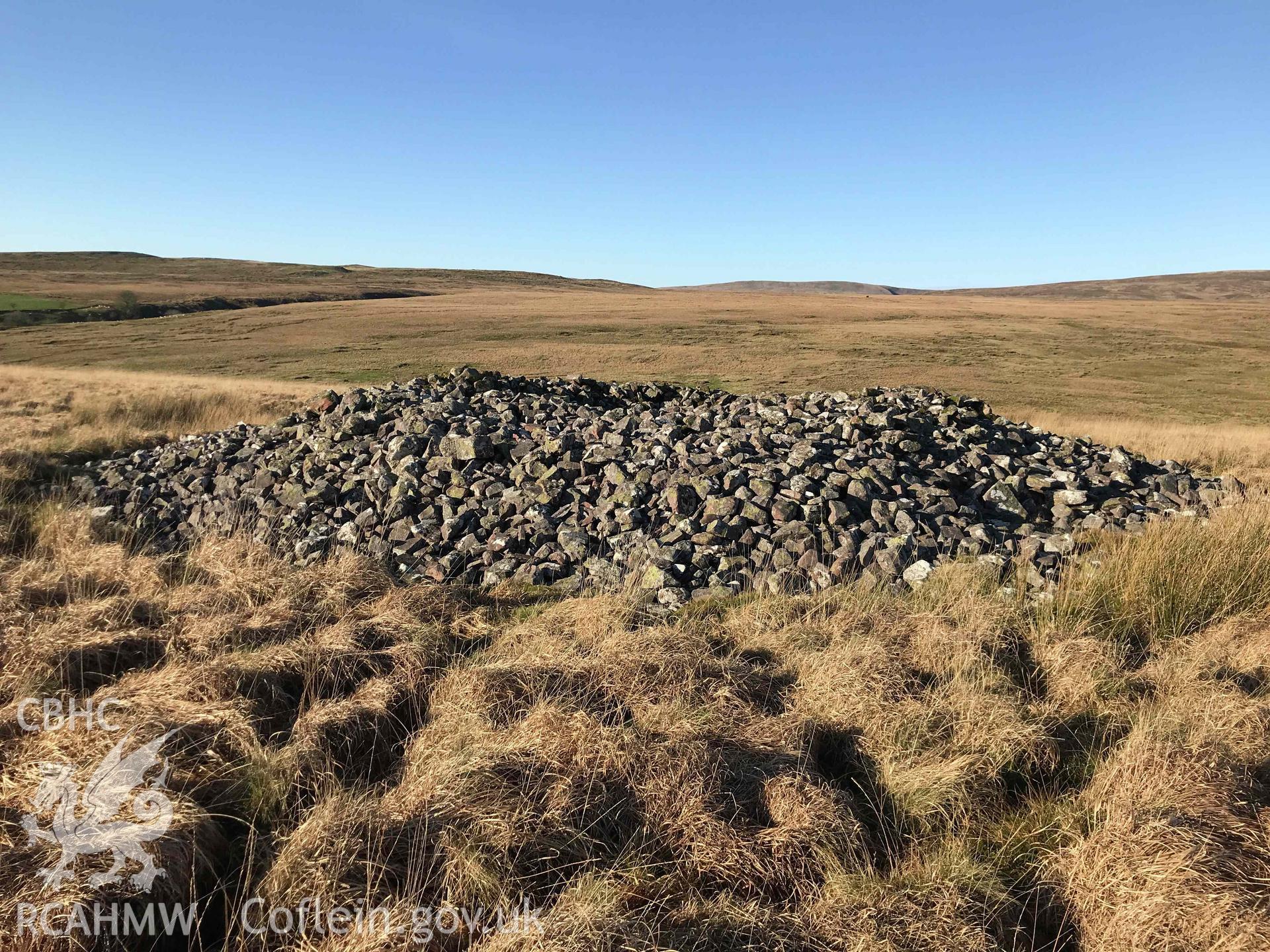 Digital photograph of Cairn 'A' round barrow at Cefn Esgair-Carnau. Produced by Paul Davis in 2020