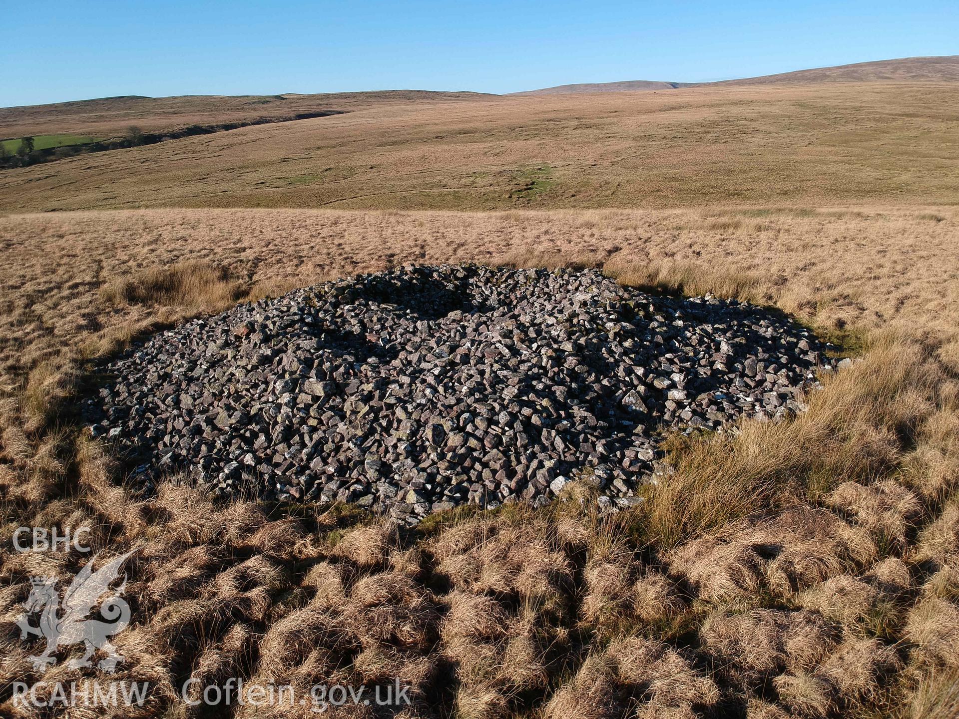 Digital photograph of Cairn 'A' round barrow at Cefn Esgair-Carnau. Produced by Paul Davis in 2020