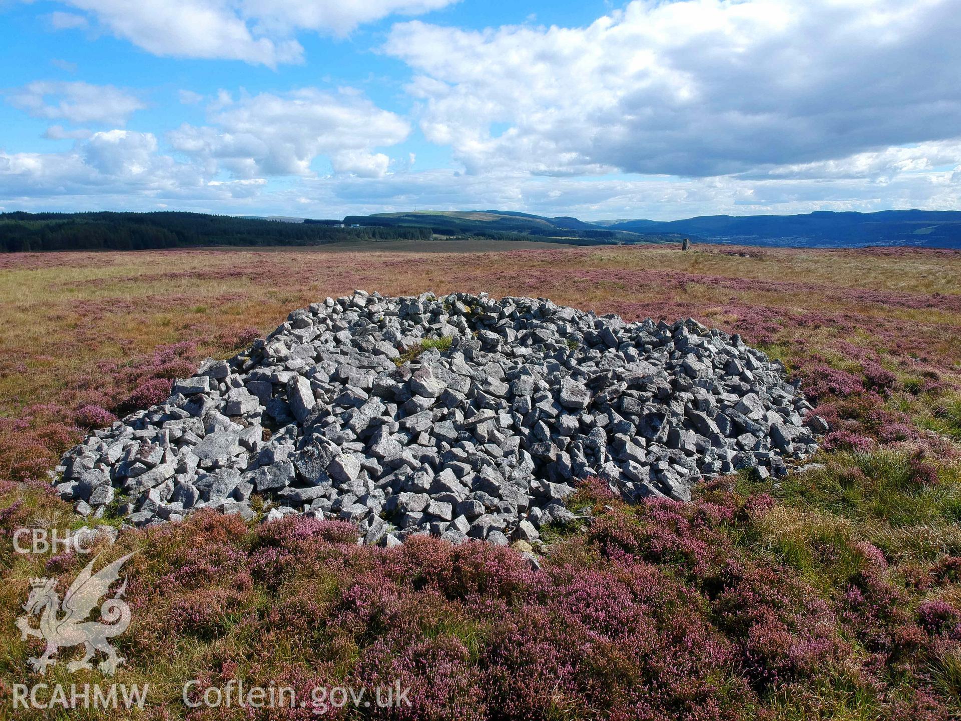 Digital photograph showing general view of Mynydd-y-Glog summit cairn. Produced by Paul Davis in 2020