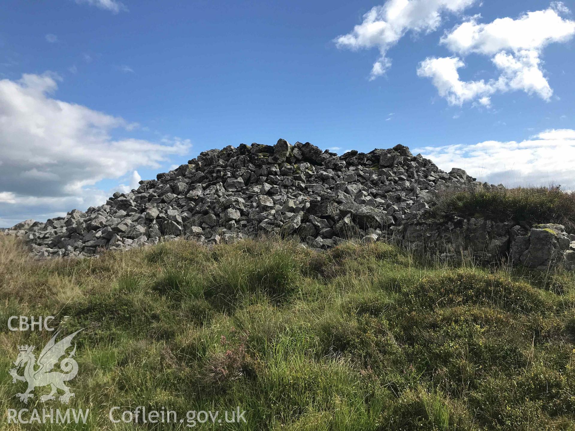 Digital photograph showing detailed view of Mynydd-y-Glog summit cairn. Produced by Paul Davis in 2020