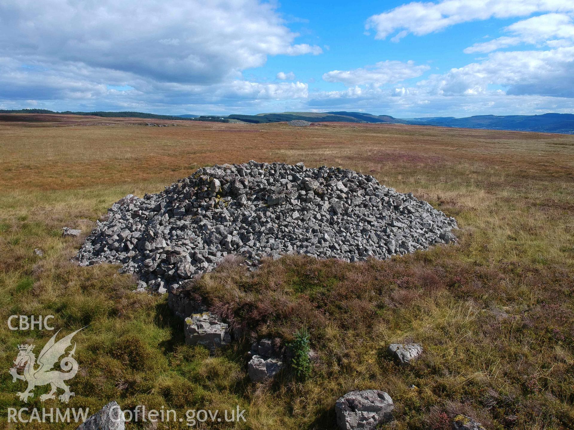 Digital photograph showing general view of Mynydd-y-Glog summit cairn. Produced by Paul Davis in 2020