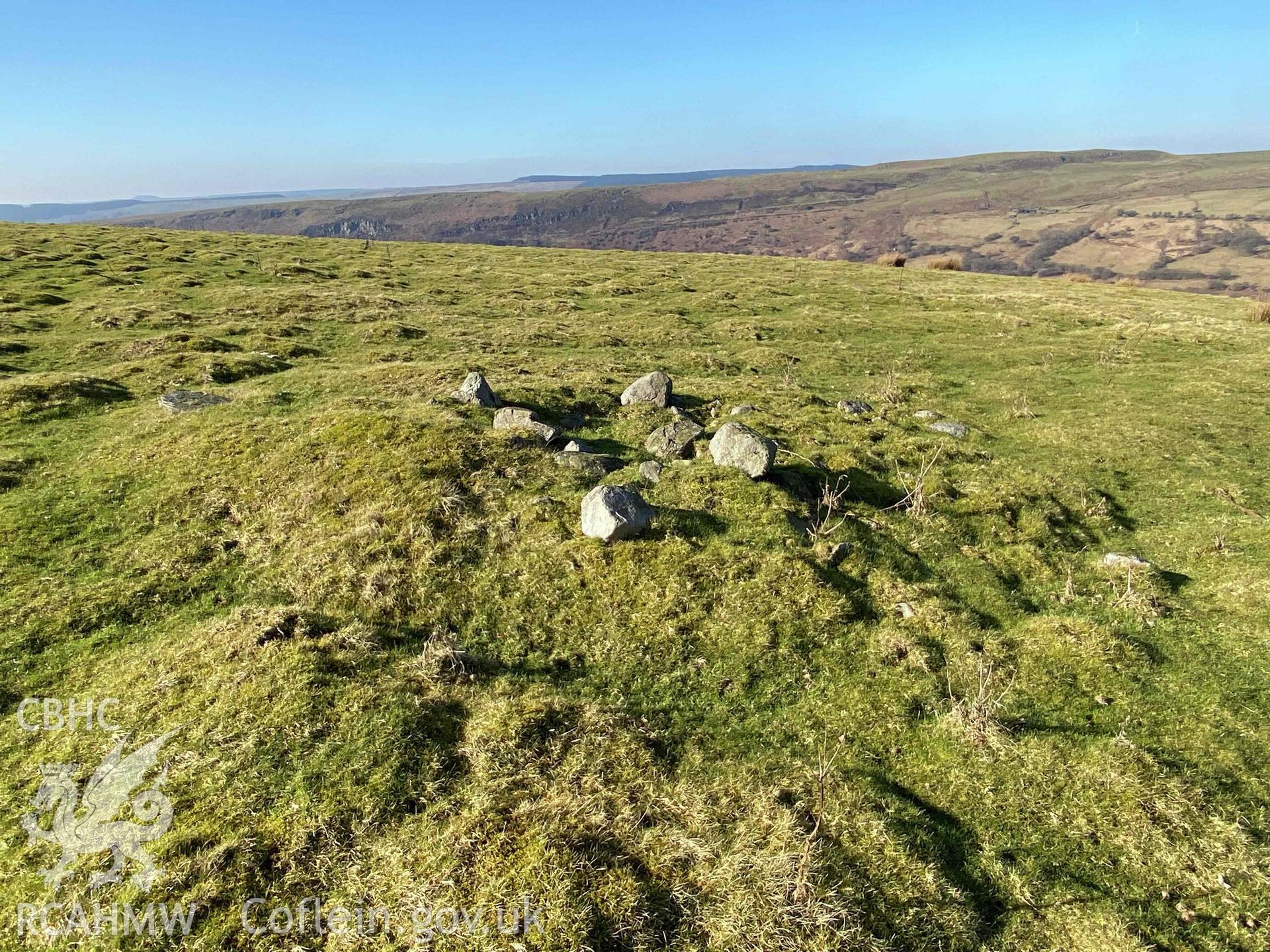 Digital photograph of Cefn Gelligaer cairn. Produced by Paul Davis in 2020