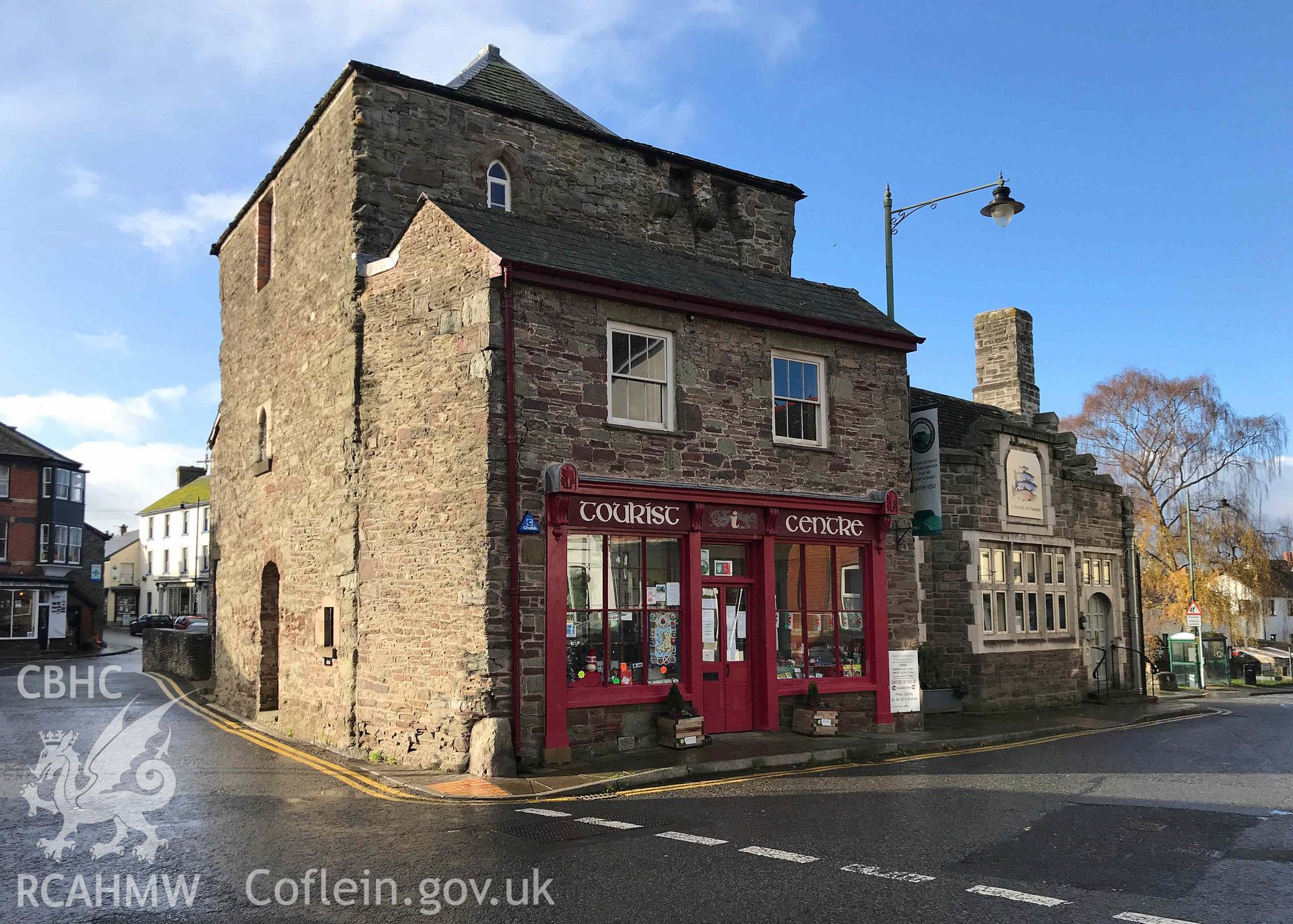 Digital photograph showing front and side elevation of Talgarth Tower. Produced by Paul Davis in 2020