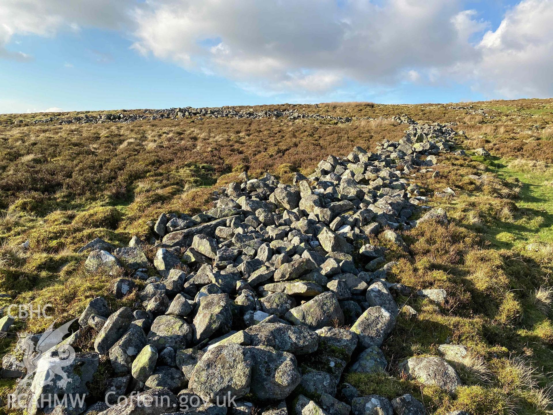 Digital photograph showing remains of wall at Buarth Maen settlement, produced by Paul Davis in 2020