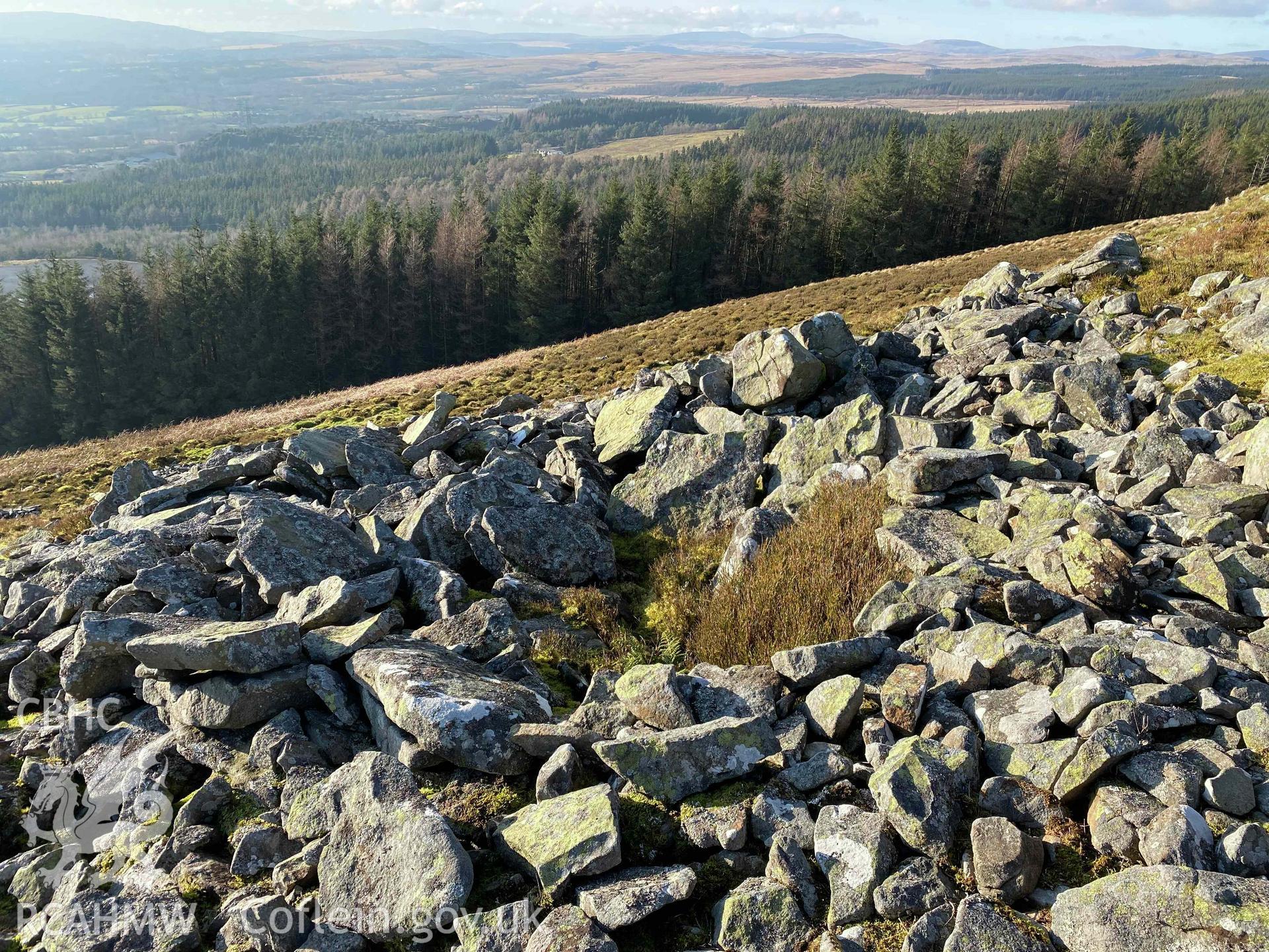 Digital photograph showing detailed view of ruined wall at Buarth Maen settlement remains, produced by Paul Davis in 2020