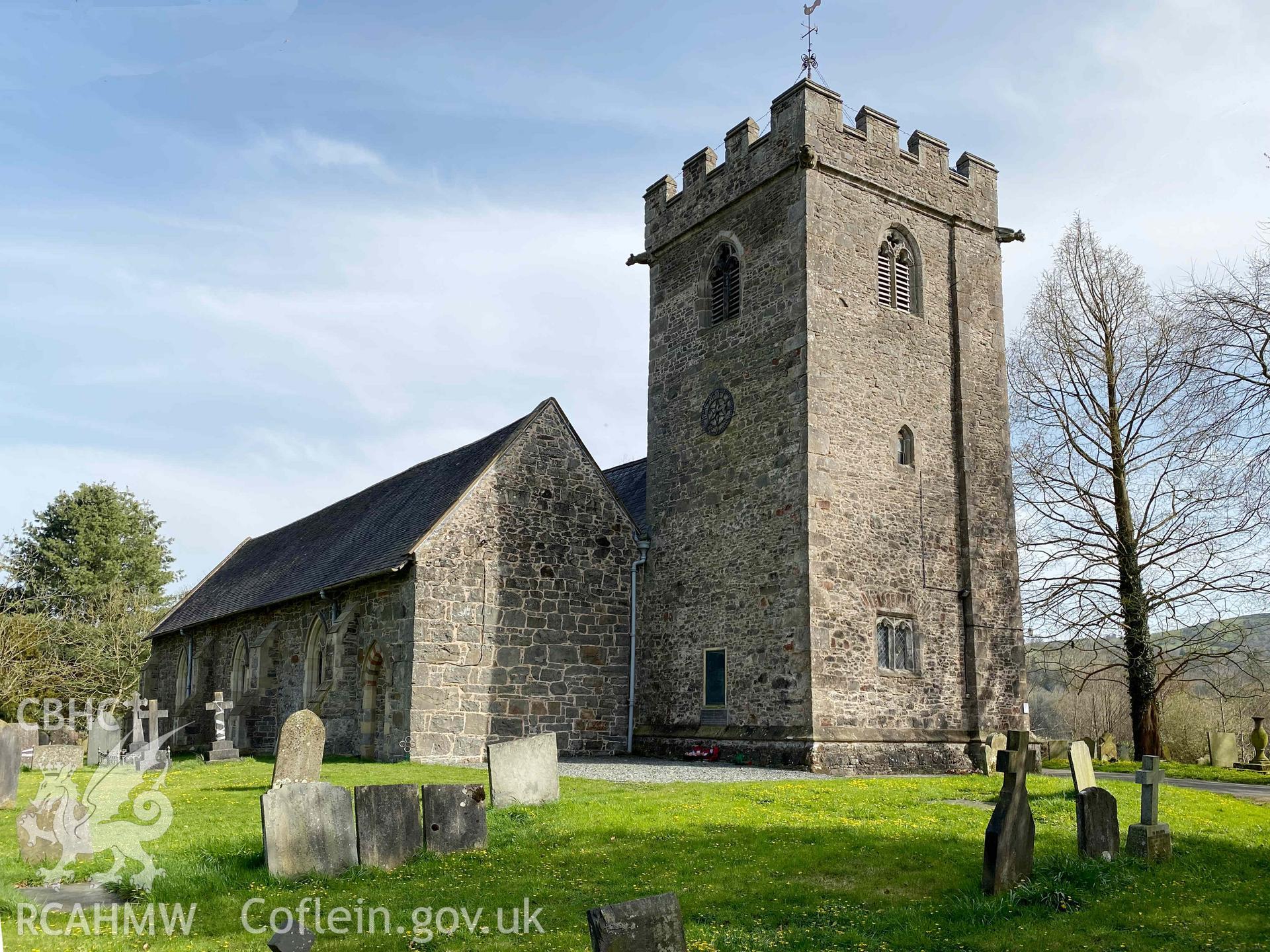 Digitised photograph showing exterior view of Meifod Church. Produced by Paul Davis in 2020