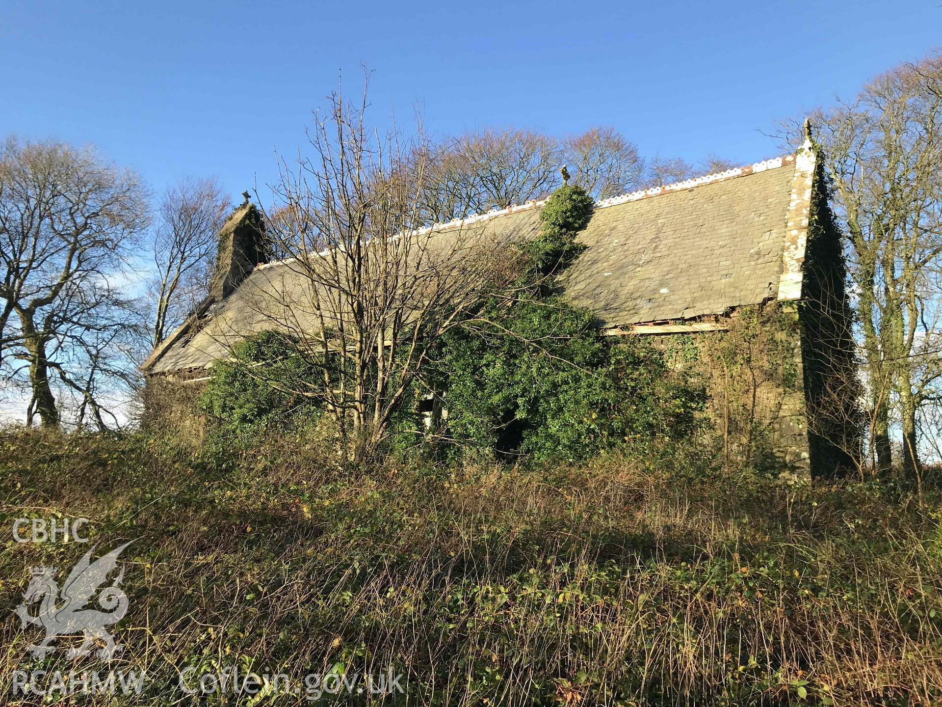 Digitised photograph showing exterior view of Llangan Church. Produced by Paul Davis in 2020