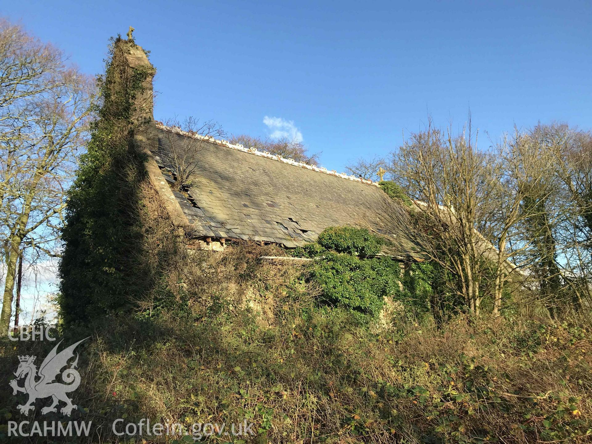 Digitised photograph showing exterior view of Llangan Church. Produced by Paul Davis in 2020