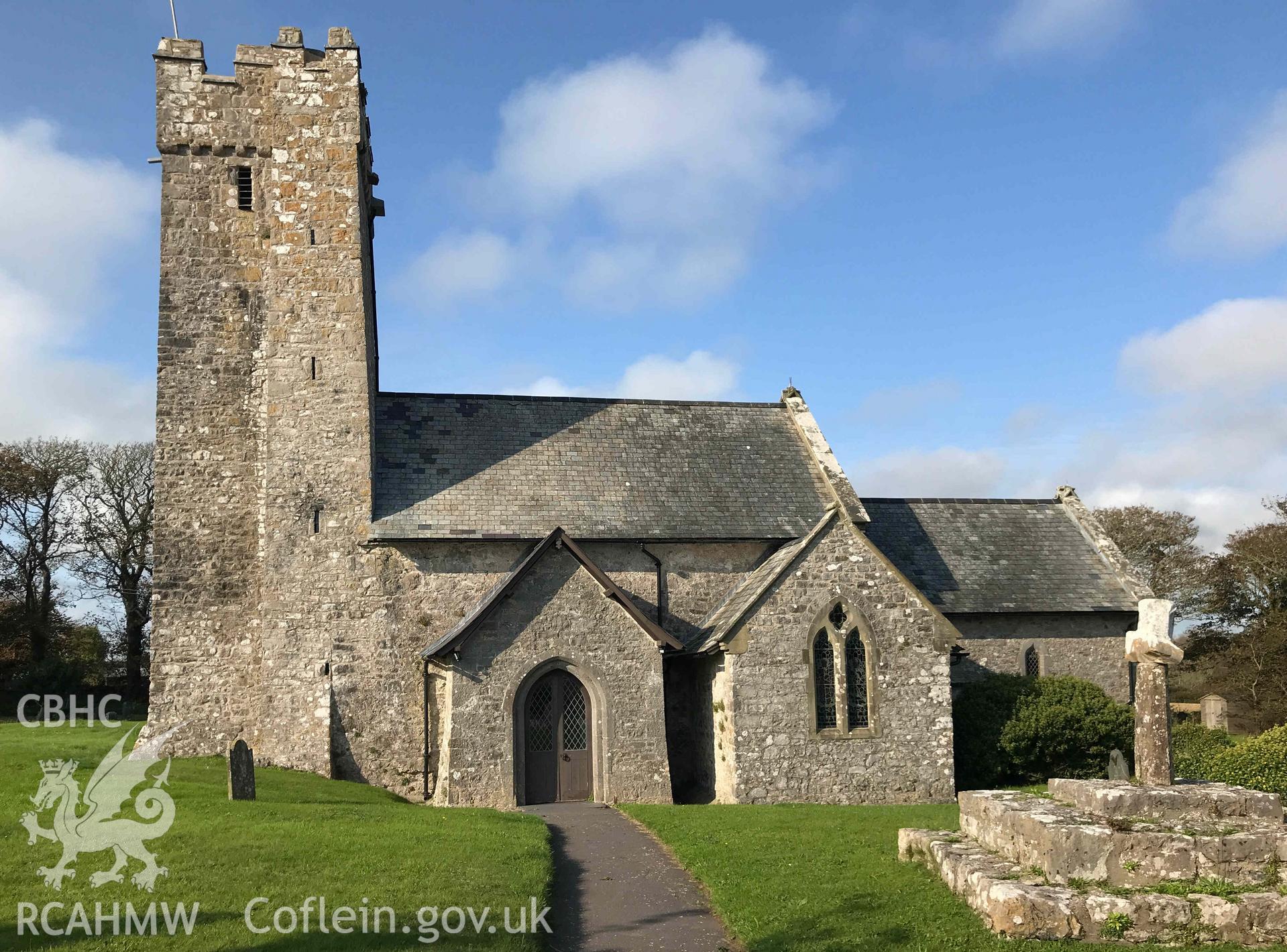 Digital photograph showing front elevation of Bosherston church. Produced by Paul Davis in 2020