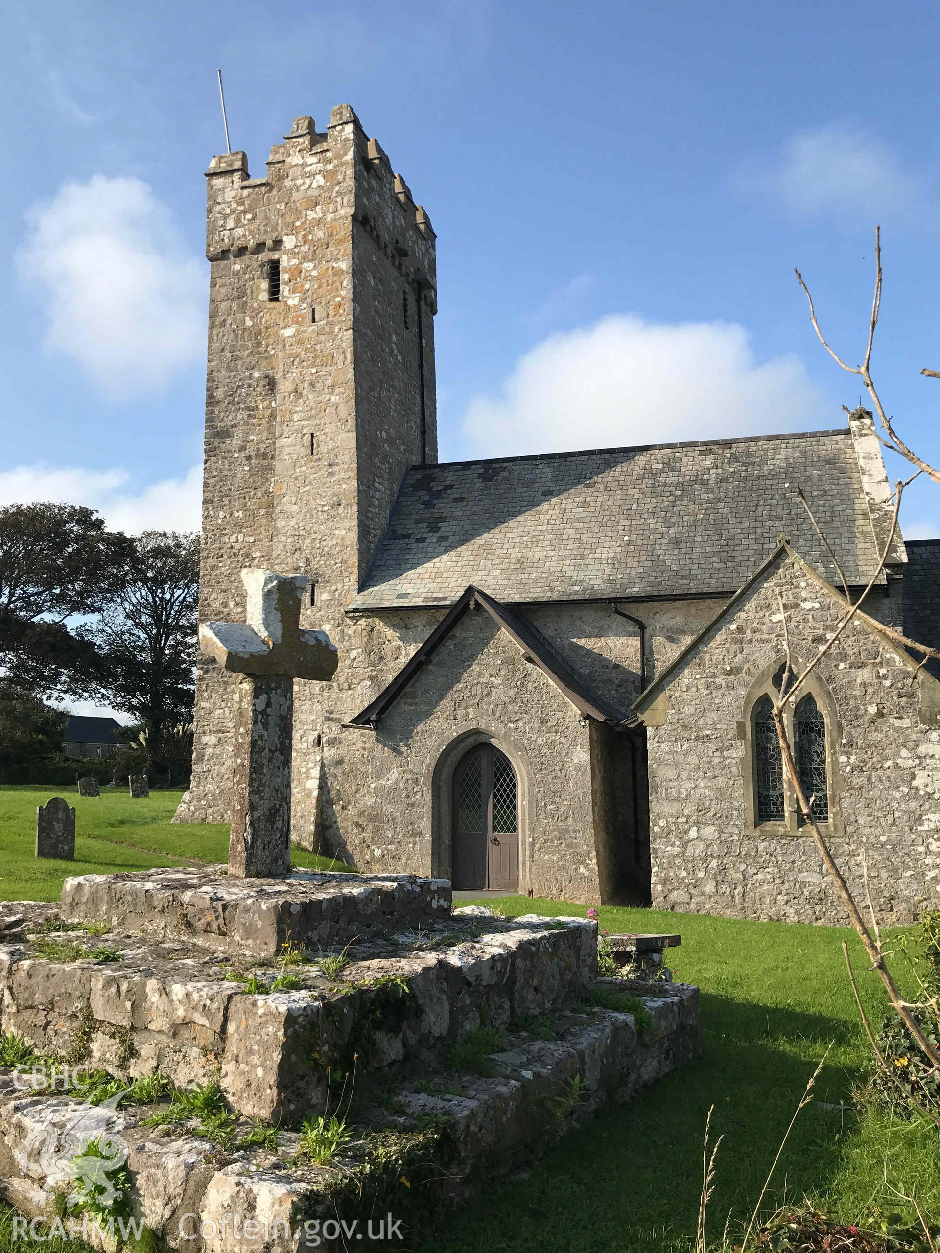 Digital photograph showing detailed view of Bosherston church. Produced by Paul Davis in 2020