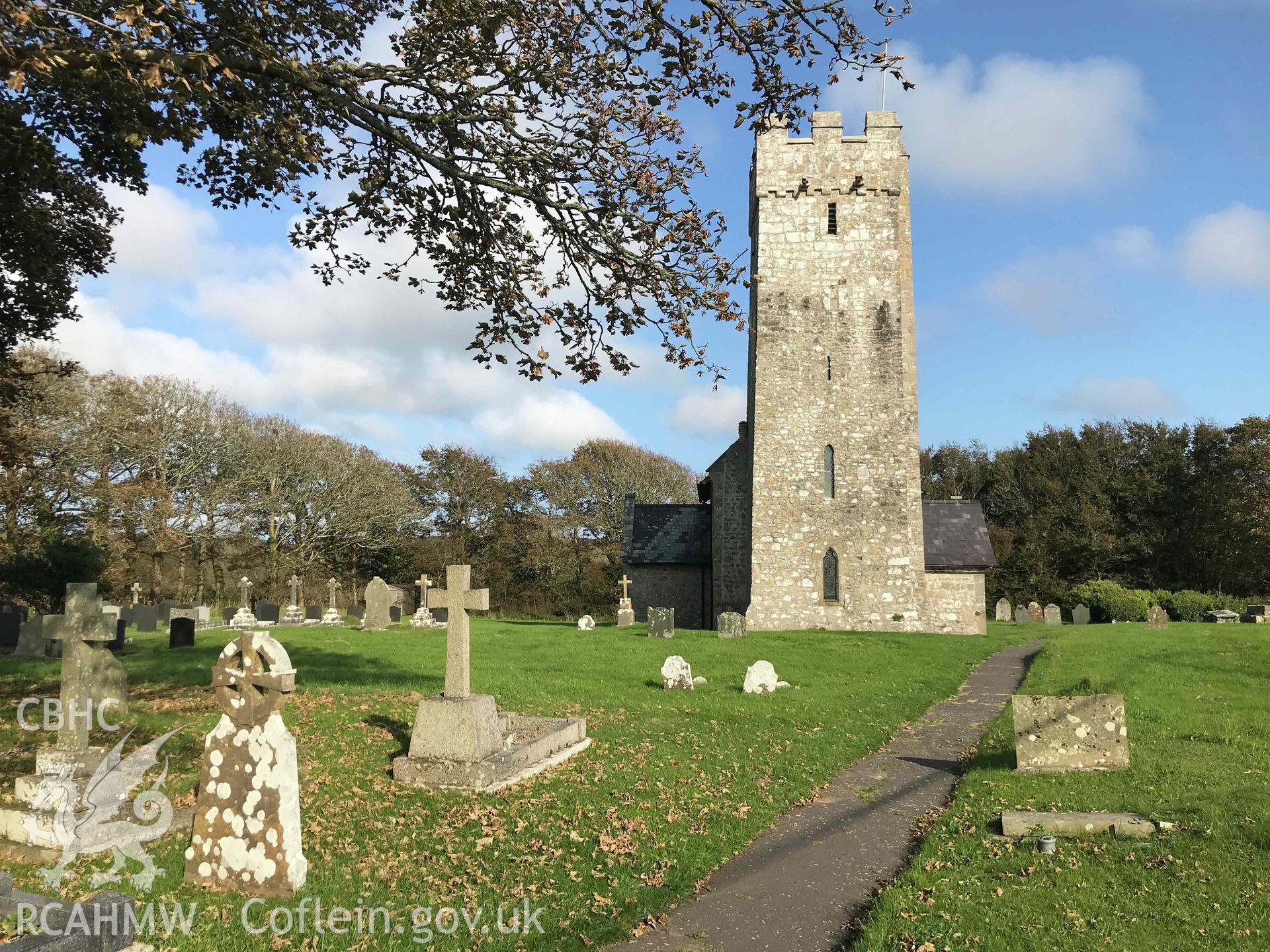 Digital photograph showing side elevation of Bosherston church. Produced by Paul Davis in 2020