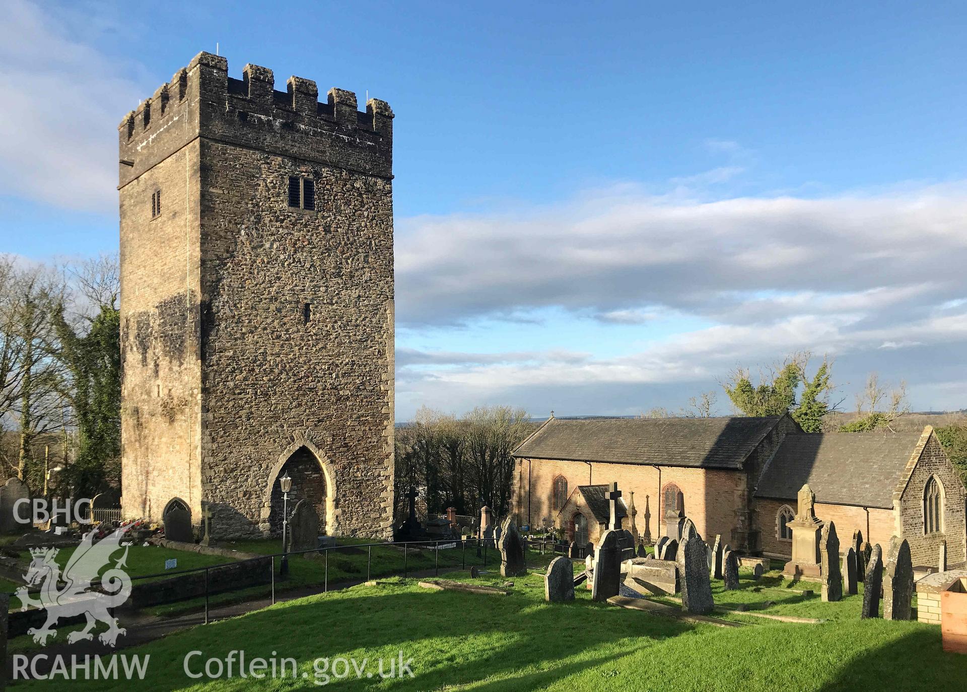 Digital photograph showing general view of Llangyfelach church tower, produced by Paul Davis in 2020