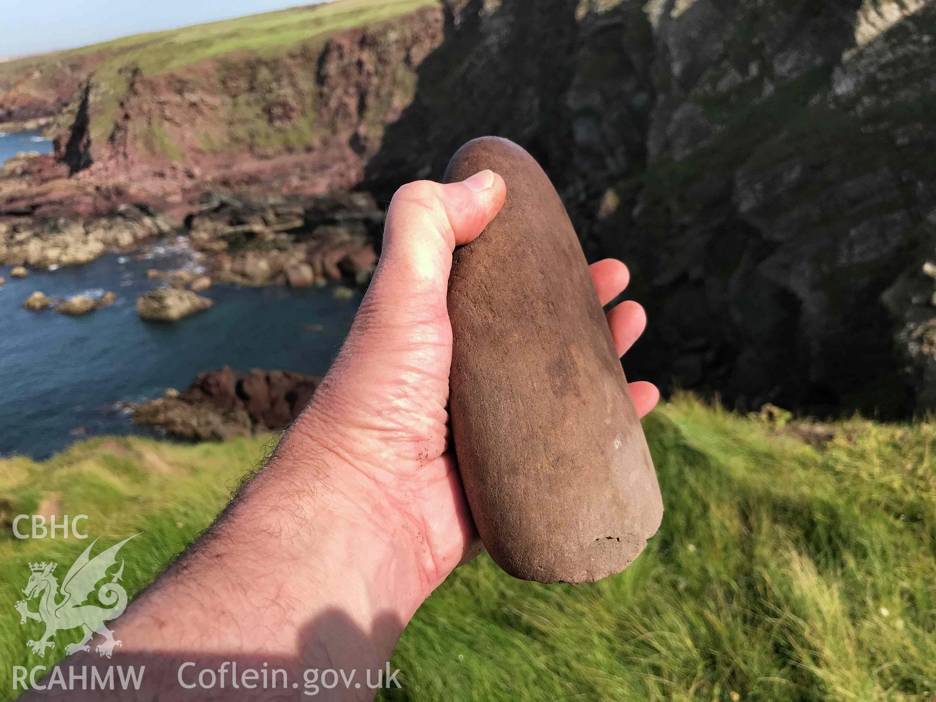 Digital photograph of possible stone tool found at Sheep Island, Pembrokeshire, produced by Paul Davis in 2020