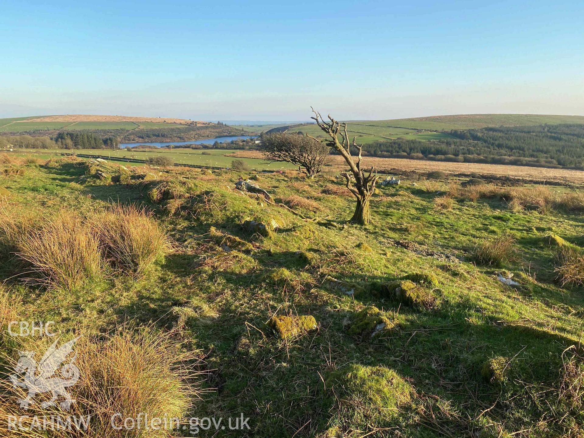 Digital photograph showing view of landscape around New Inn deserted medieval village, produced by Paul Davis in 2020