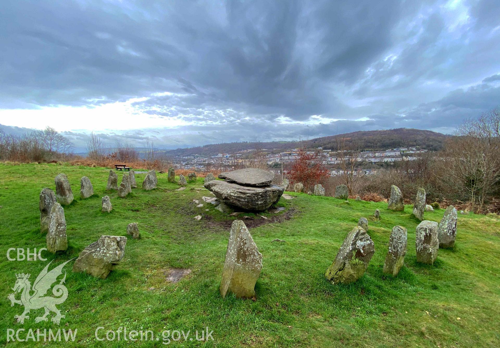 Digital photograph showing detailed view of y Garreg Siglo bardic complex, Pentre Bach, Pontypridd, produced by Paul Davis in 2020