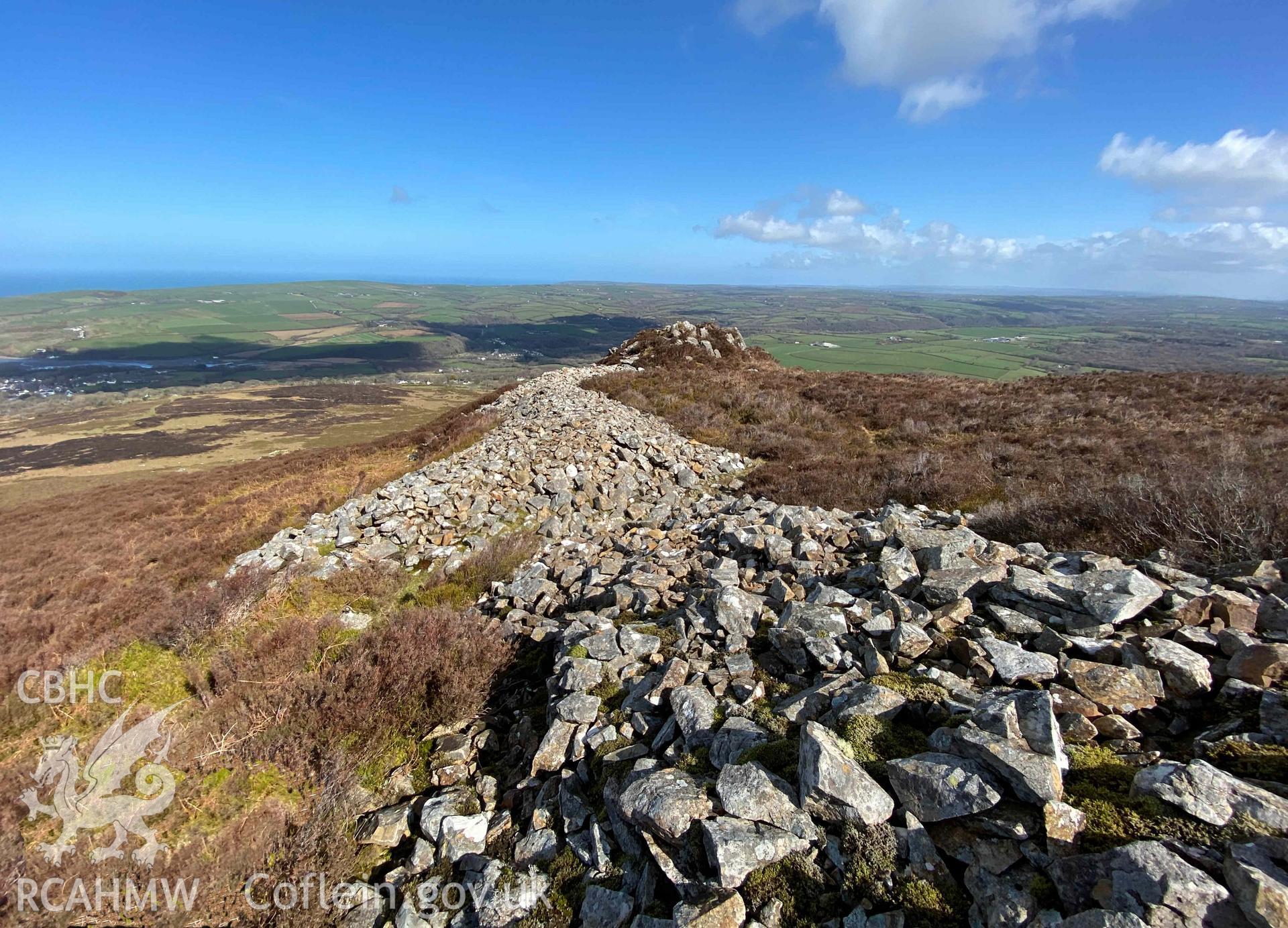 Digital photograph of stone built rampart at Carn Ingli camp, produced by Paul Davis in 2020