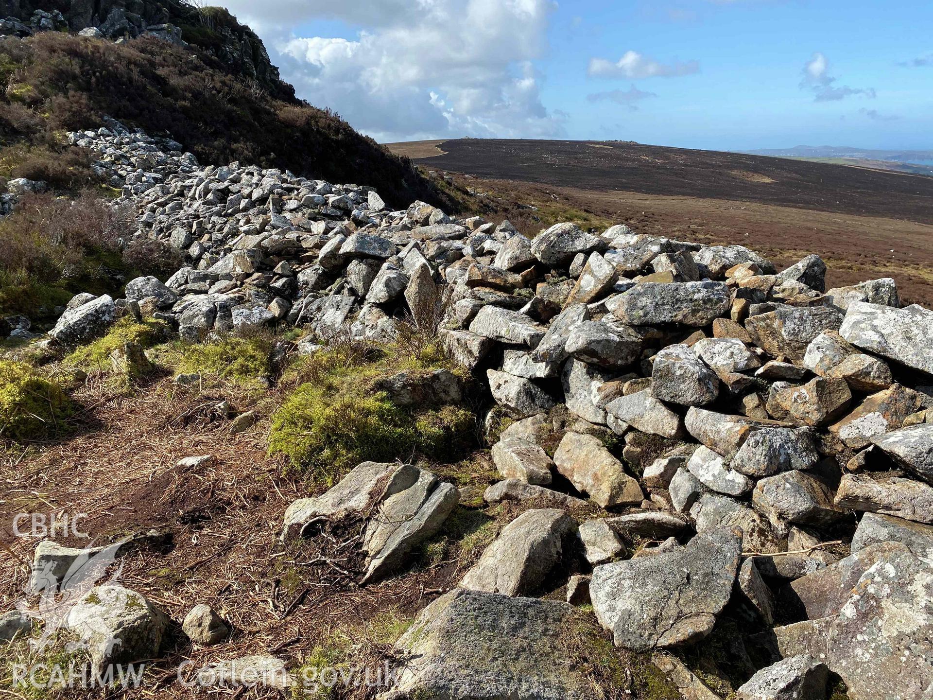 Digital photograph showing detailed view of drystone wall at Carn Ingli camp, produced by Paul Davis in 2020