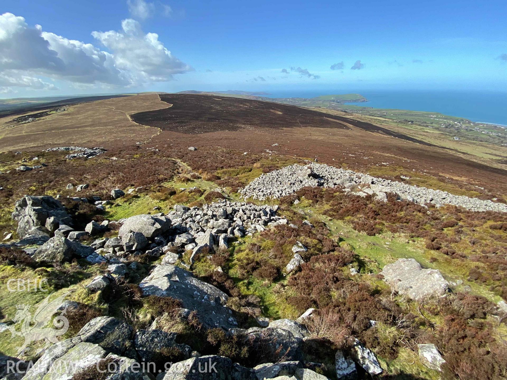 Digital photograph of landscape seen when looking out to sea from Carn Ingli camp, produced by Paul Davis in 2020