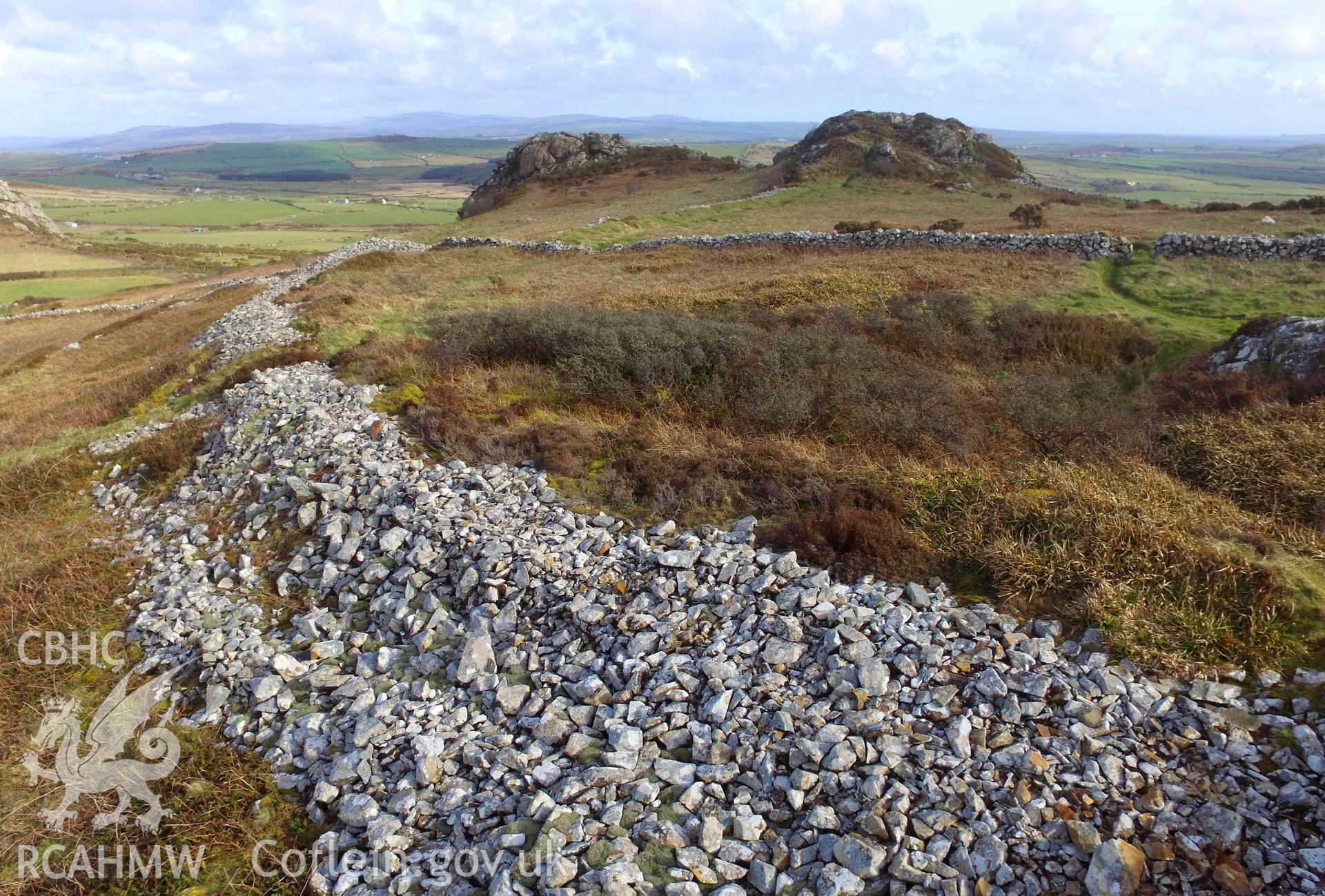 Digital photograph showing general view of stony bank at Garn Fawr camp, produced by Paul Davis in 2020