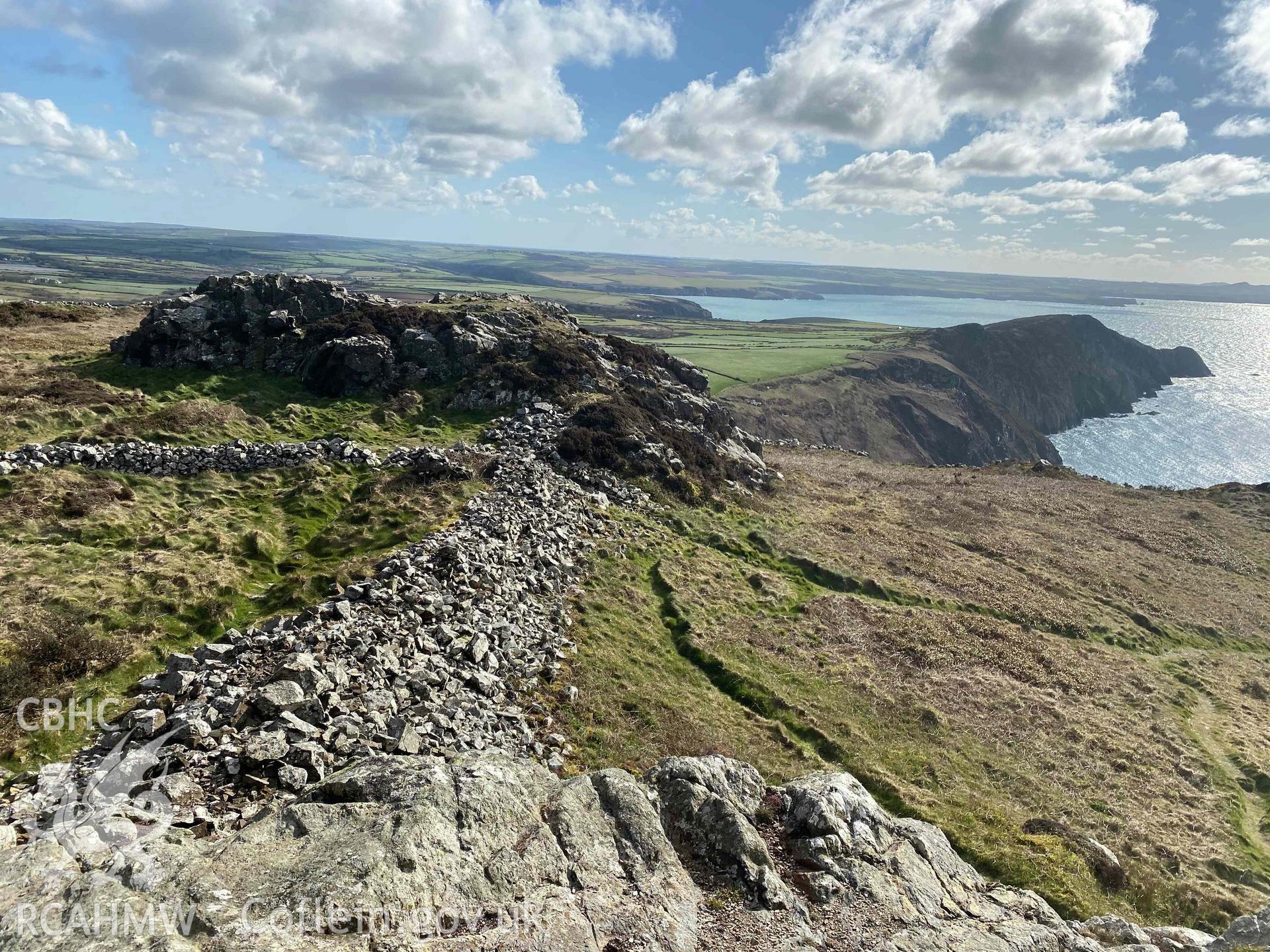 Digital photograph showing view of Garn Fawr camp and surrounding landscape, produced by Paul Davis in 2020