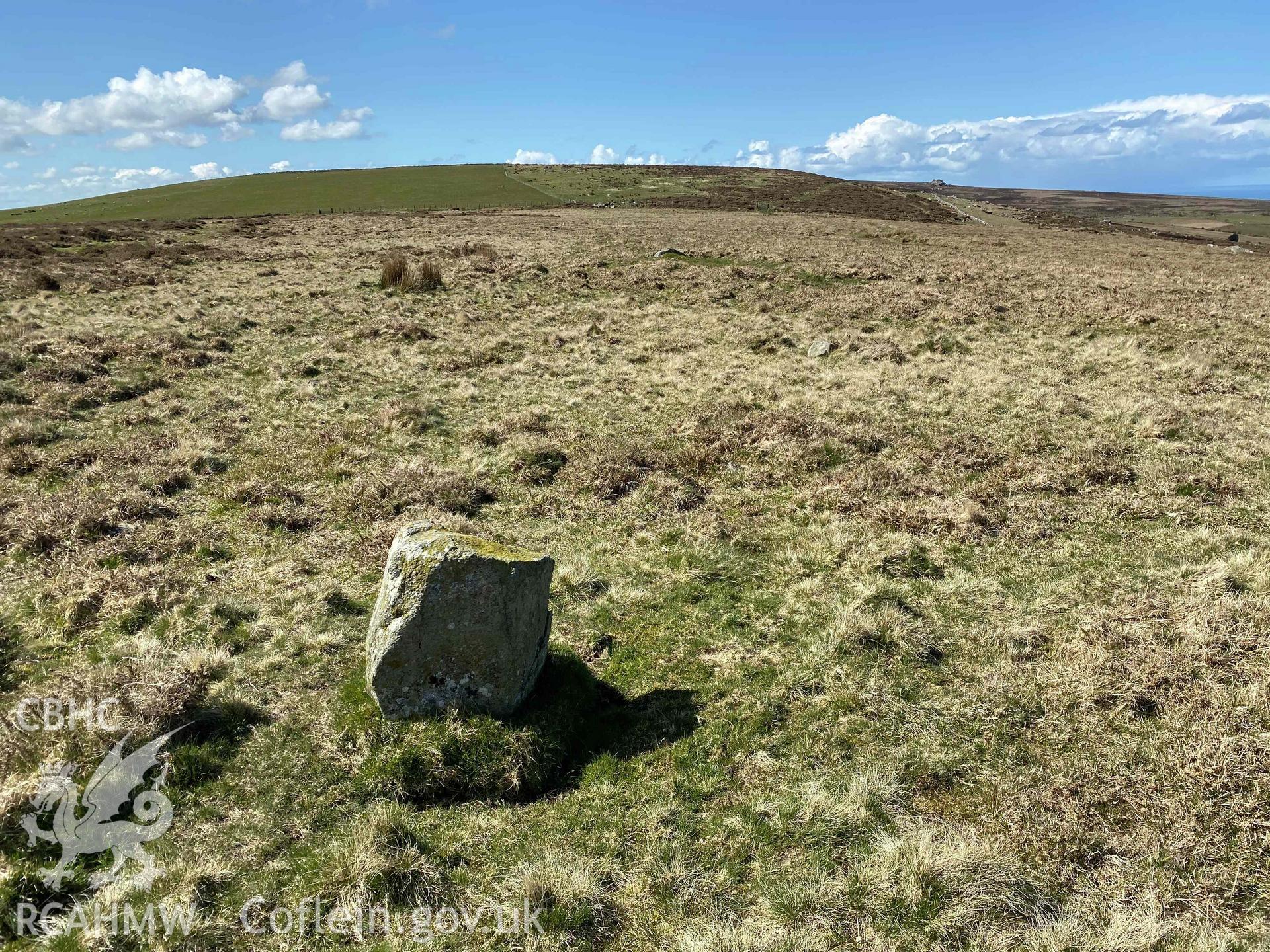 Digital photograph of Mynydd Melyn east cairn and stone, produced by Paul Davis in 2020