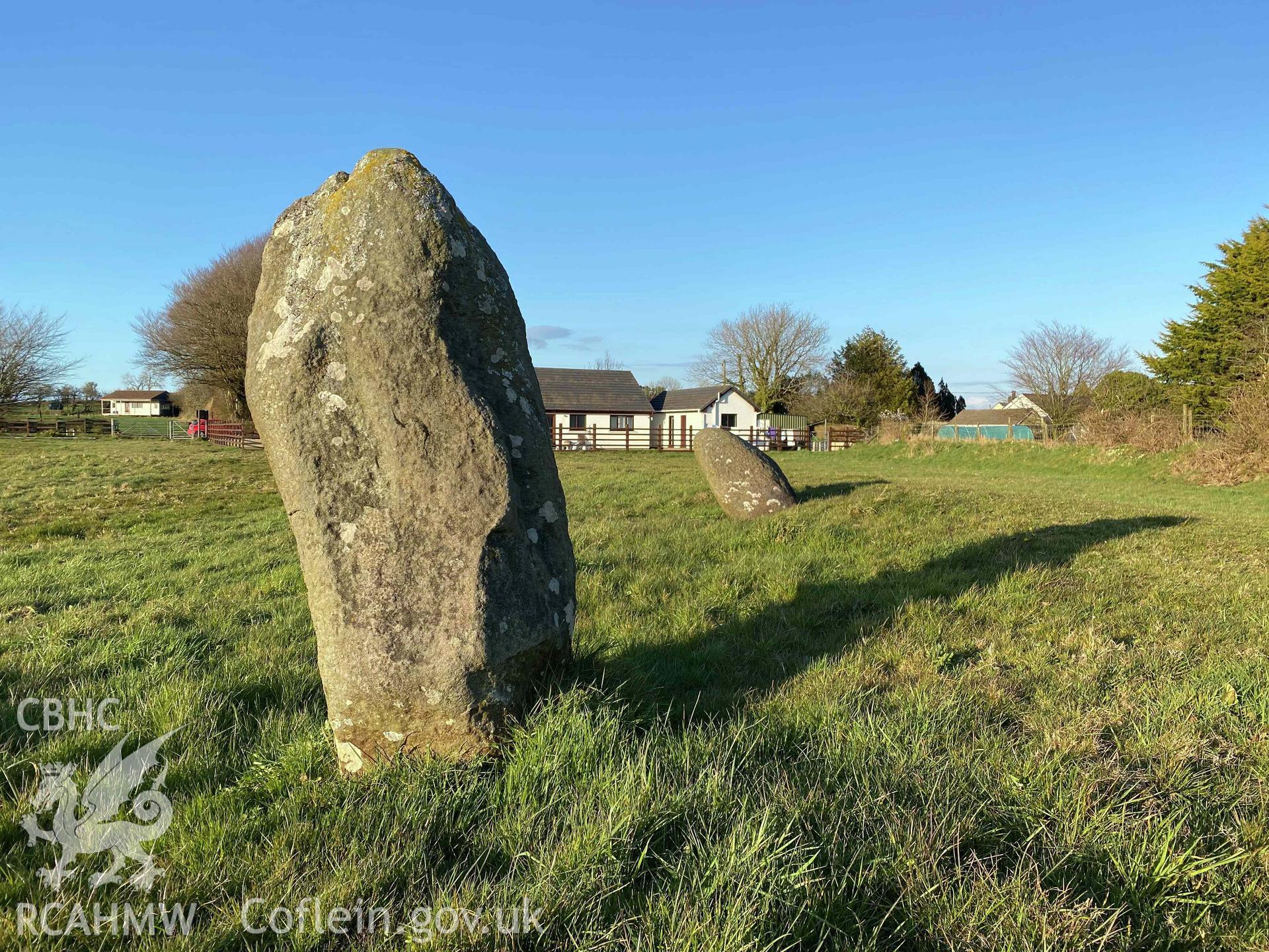 Digital photograph of the two surviving Meini Gwyr stones at Glandy Cross, produced by Paul Davis in 2020