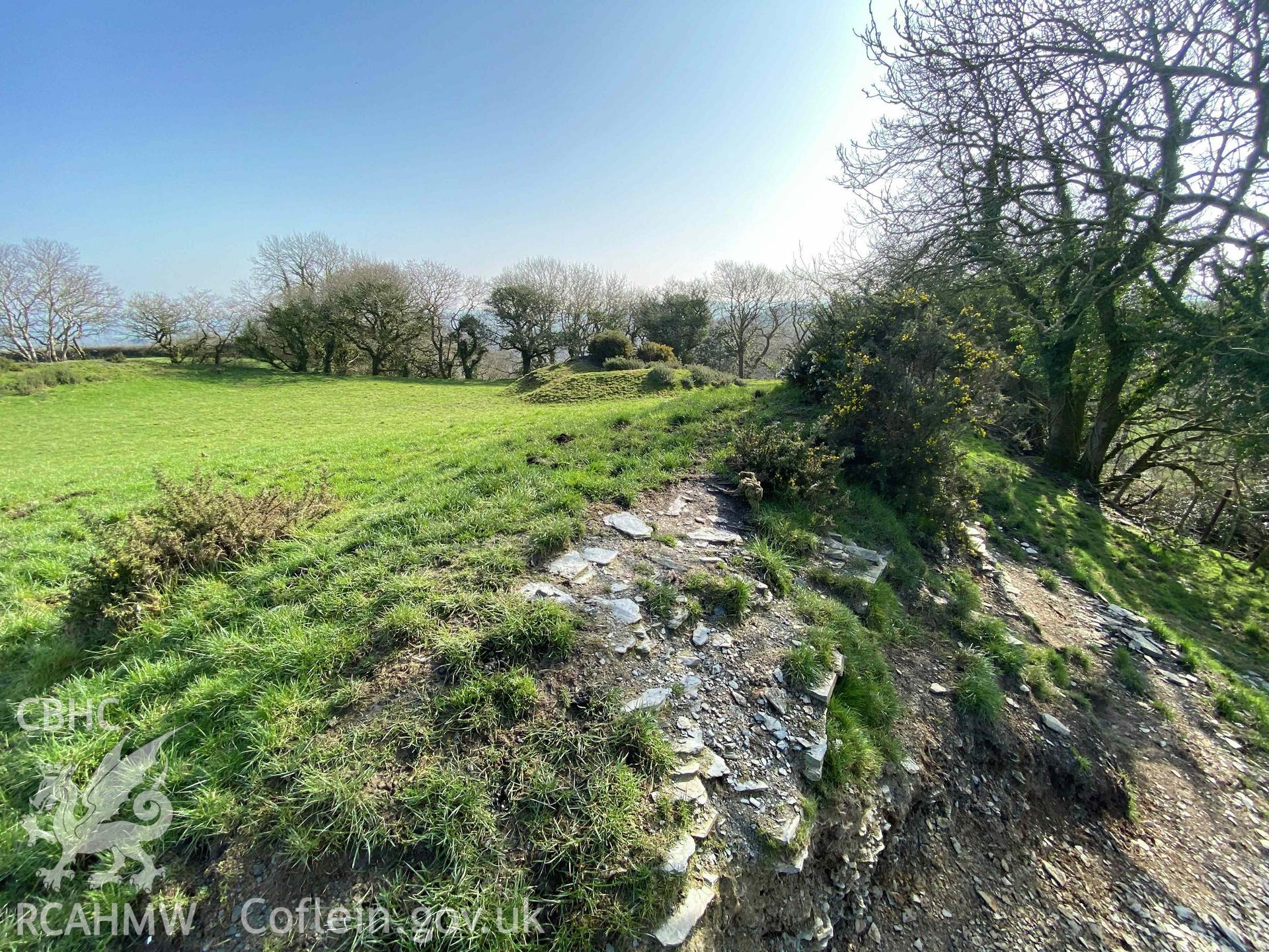 Digital photograph showing bank at Castell Pen-yr-Allt, Llantood, produced by Paul Davis in 2020