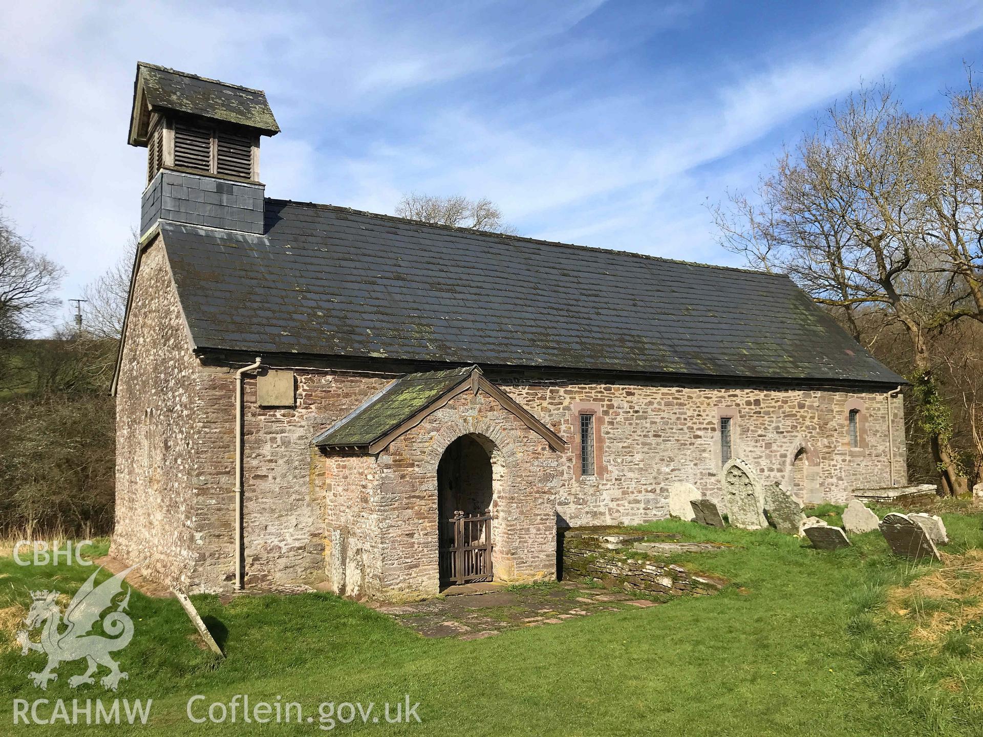 Digital photograph showing exterior of St Ellyw's Church, Llanelieu, produced by Paul Davis in 2020