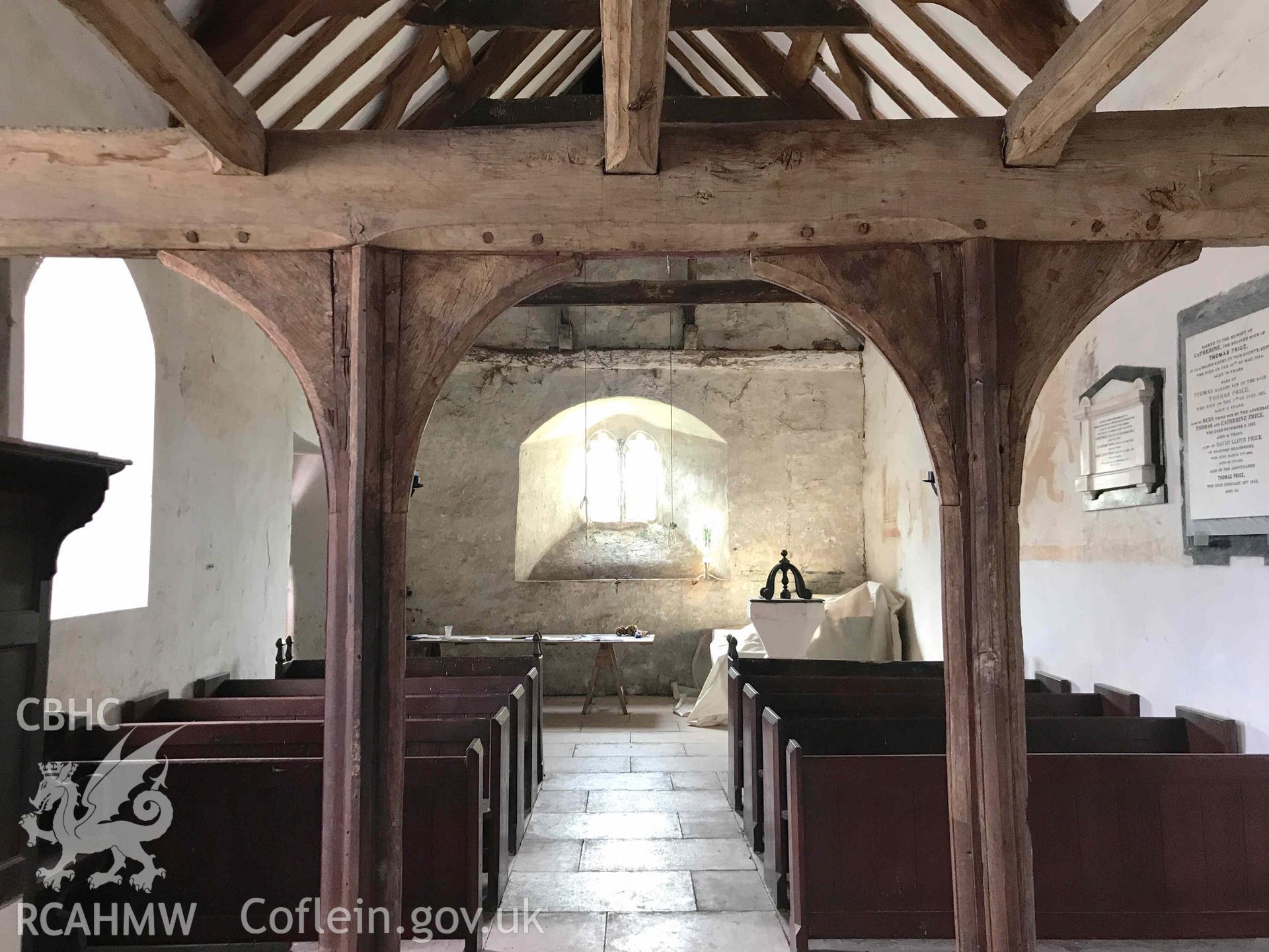 Digital photograph showing interior of St Ellyw's Church, Llanelieu, produced by Paul Davis in 2020