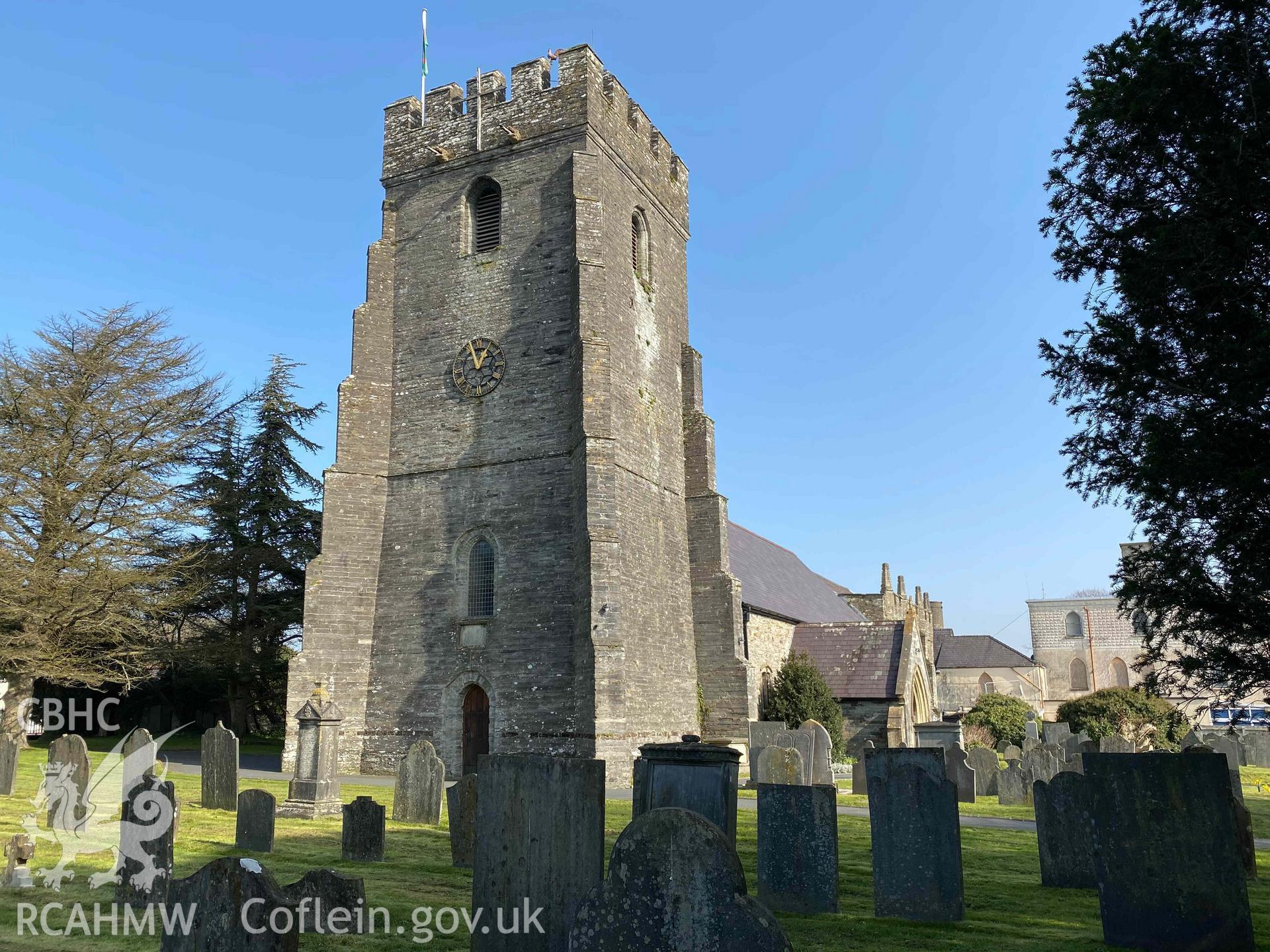 Digital photograph of St Mary's Church tower, Cardigan, produced by Paul Davis in 2020