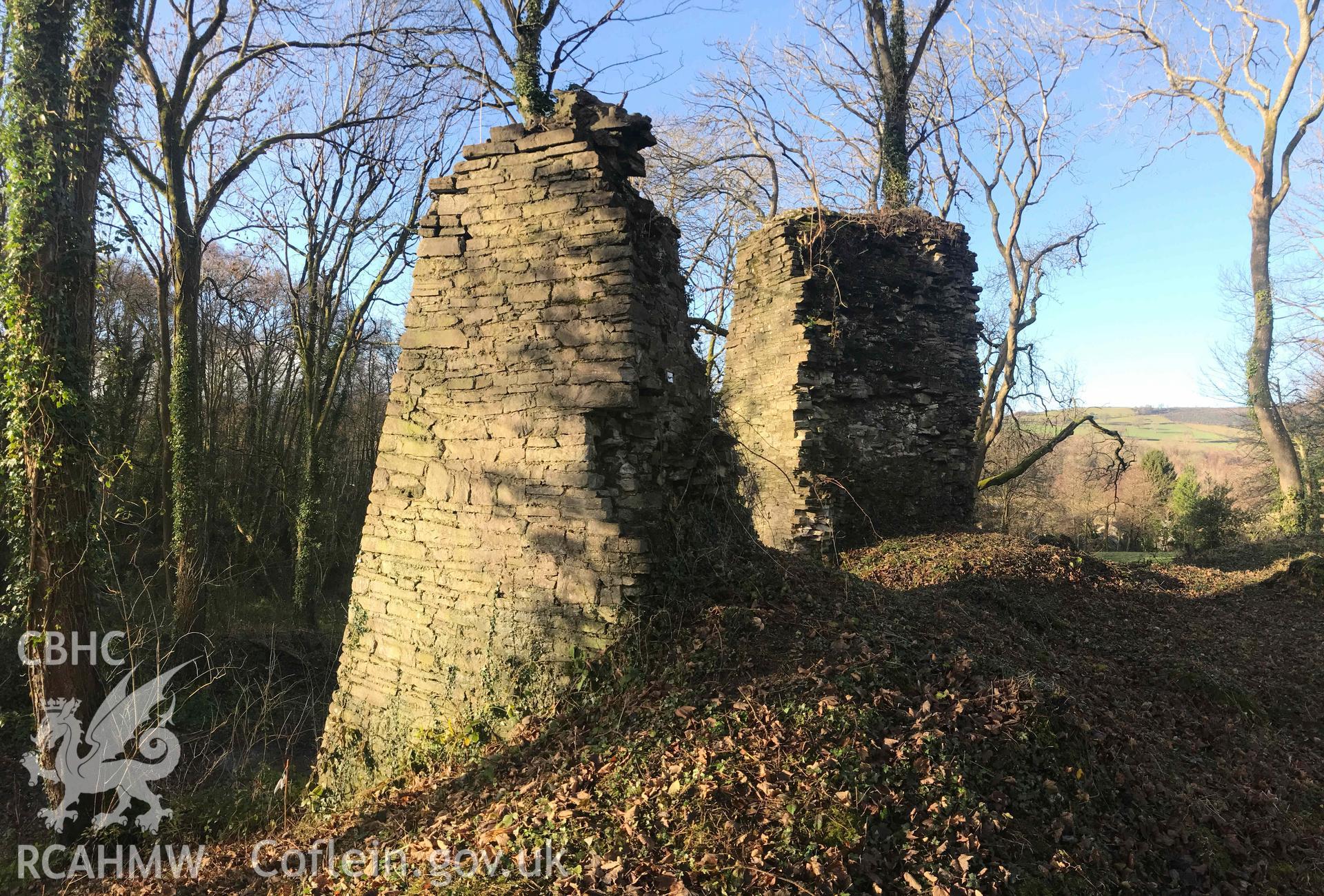 Digital photograph showing detailed view of remains of wall Blaenllyfni Castle, produced by Paul Davis in 2020