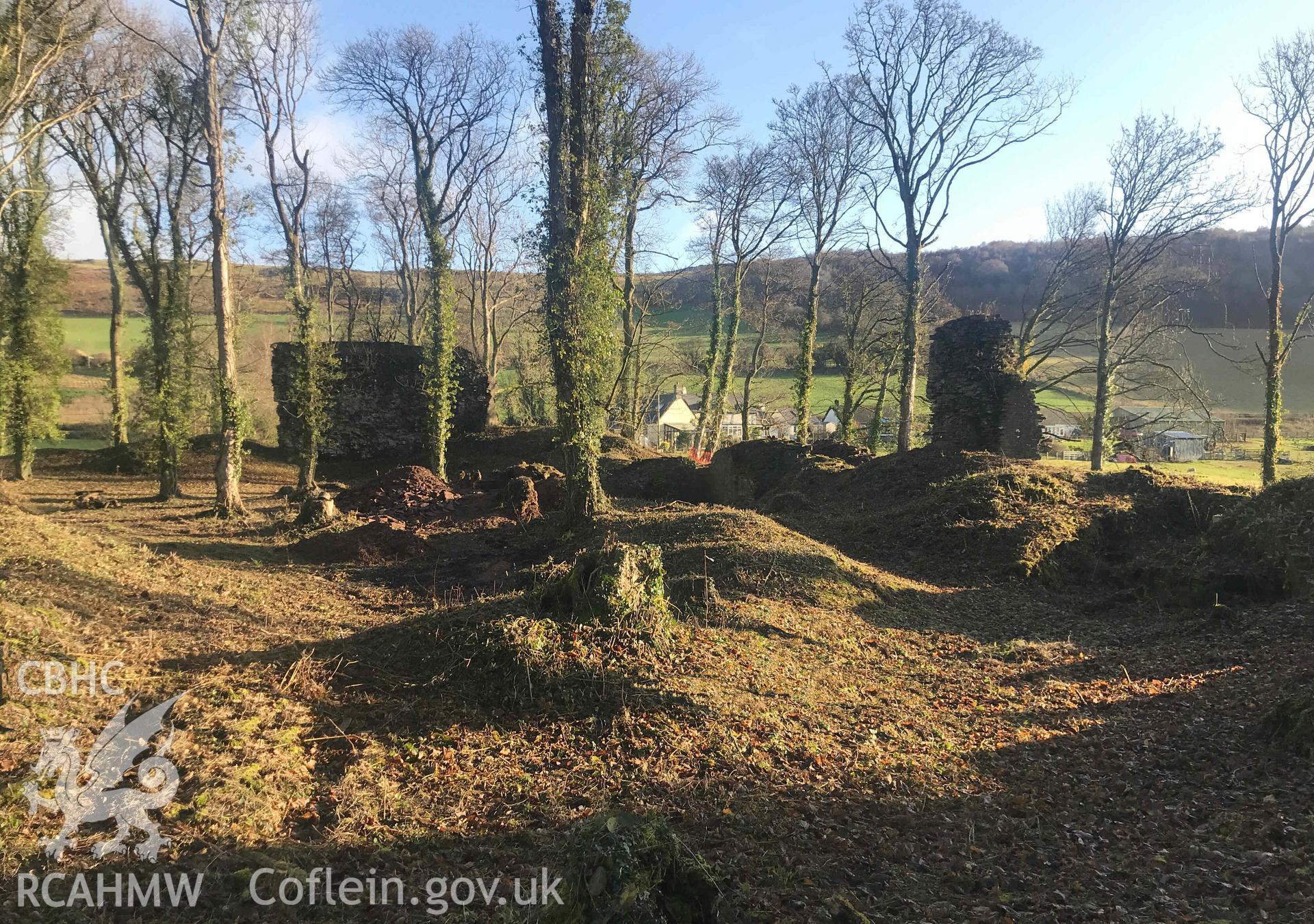 Digital photograph showing general view of Blaenllyfni Castle, produced by Paul Davis in 2020