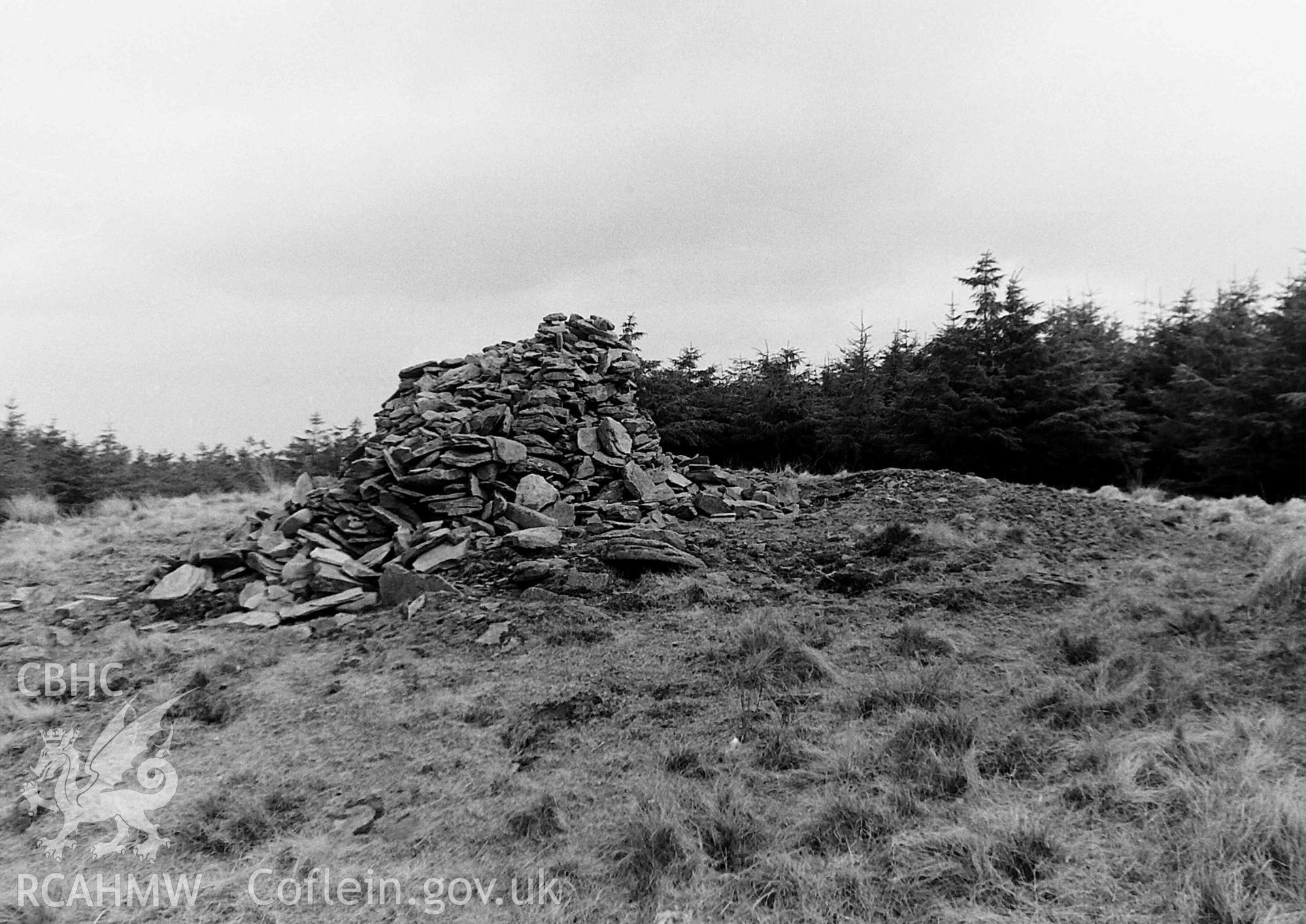 Digitised black and white photograph of Garn Fach cairn, produced by Paul Davis in 1984