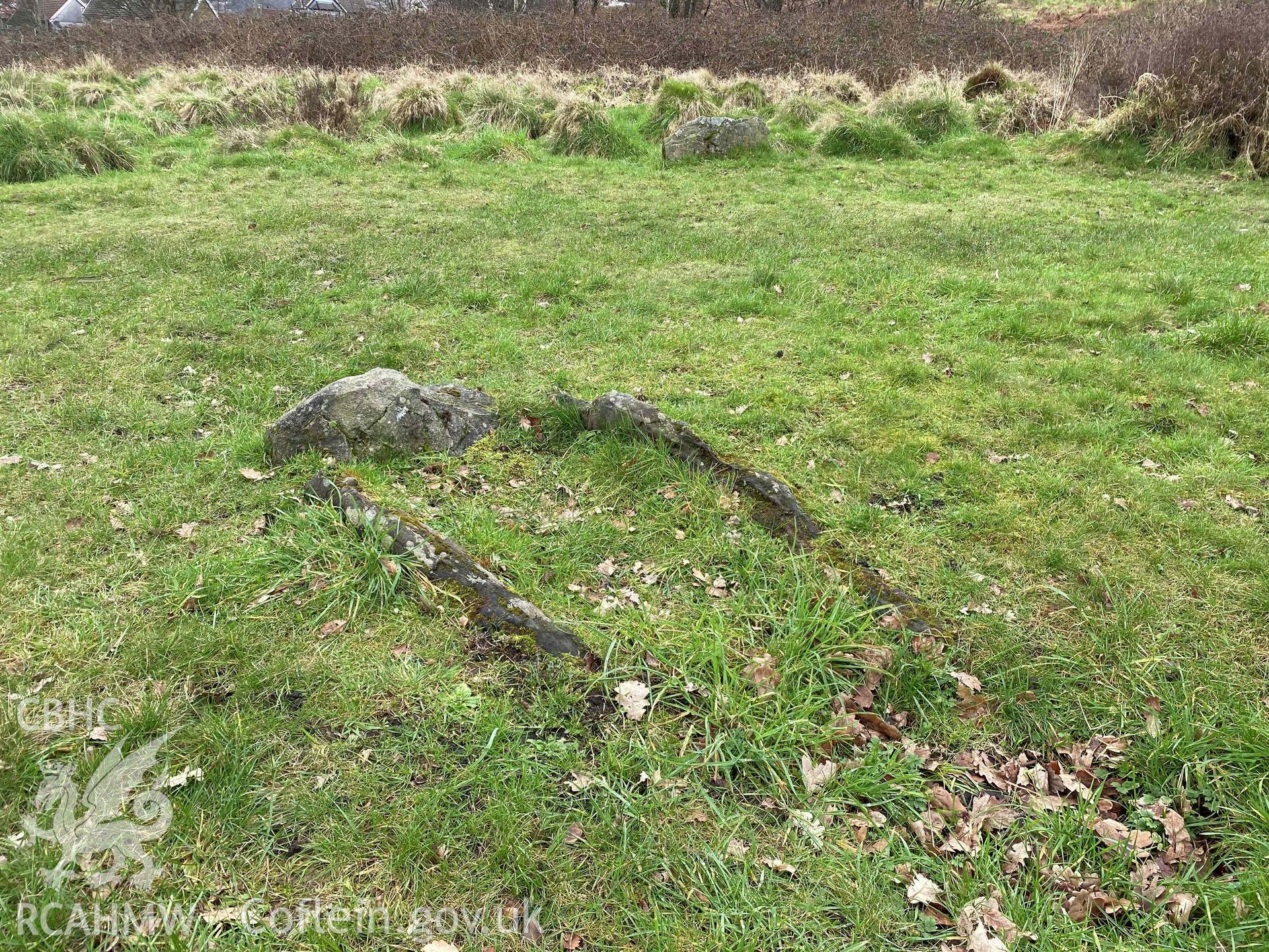 Digital photograph showing detailed view of Coed-Pen-Maen Common cairn, produced by Paul Davis in 2020