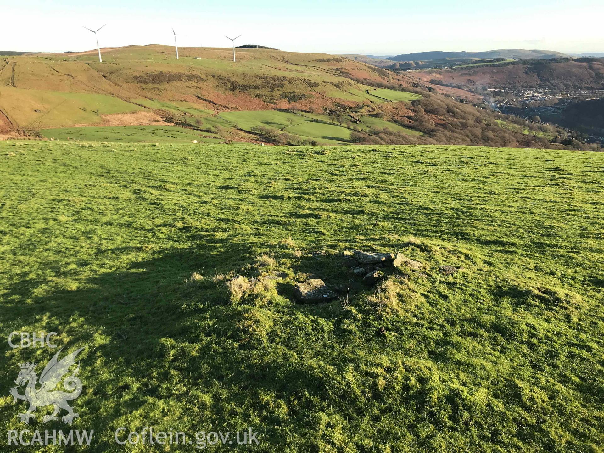 Digital photograph of Mynydd-yr-Eglwys cairn, produced by Paul Davis in 2020