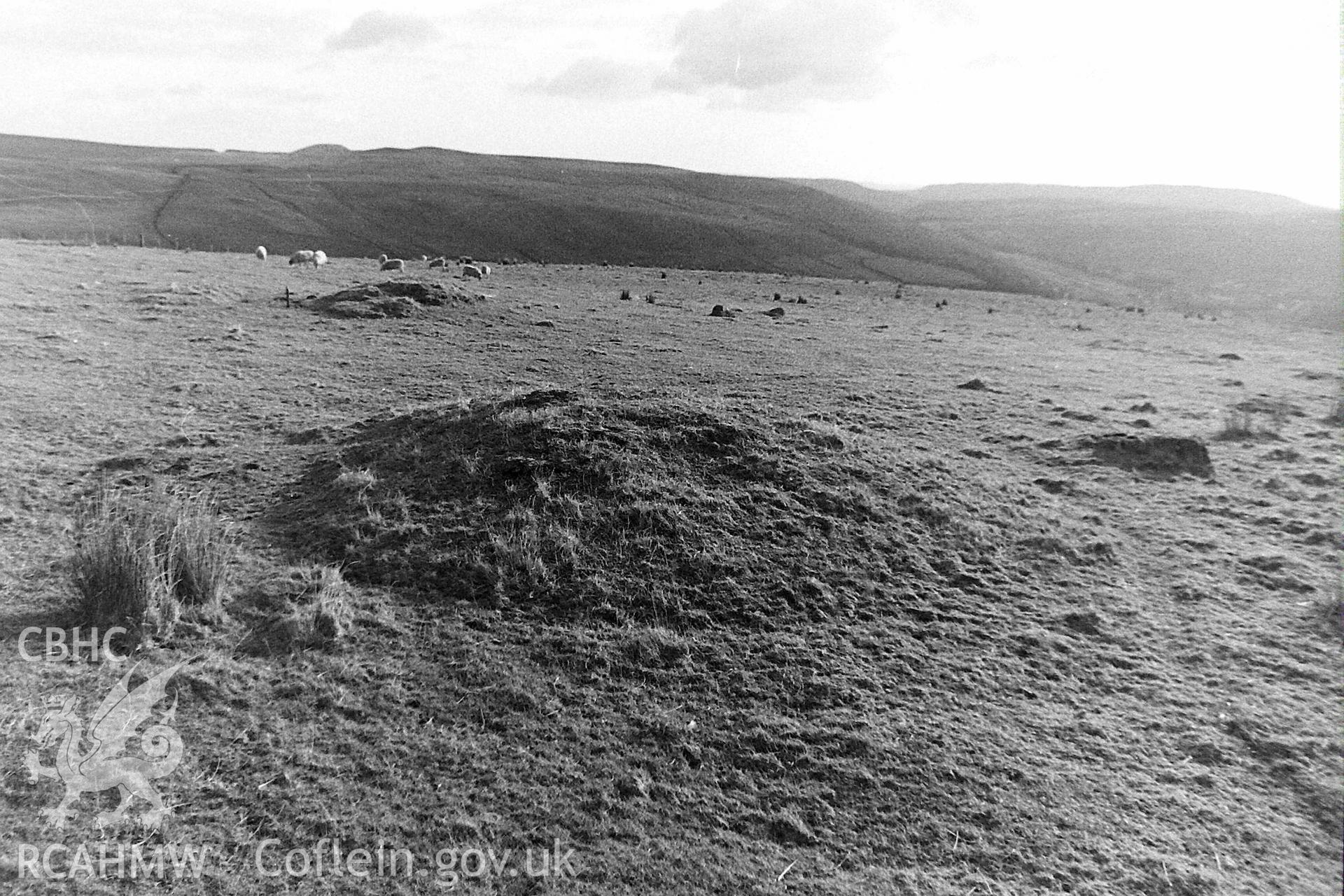 Digitised black and white photograph of Mynydd-yr-Eglwys cairns, produced by Paul Davis in 1984